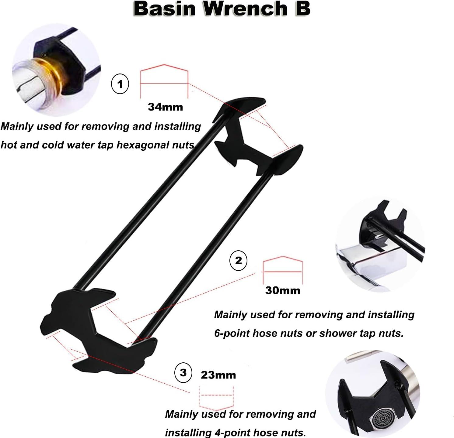 2pcs Basin Wrench Multifunctional Sink Wrench 7 Sizes Faucet Tool Four-jaw Hex Spanner Universal Plumbers Tool for Tight Spaces Kitchen Bathroom Home