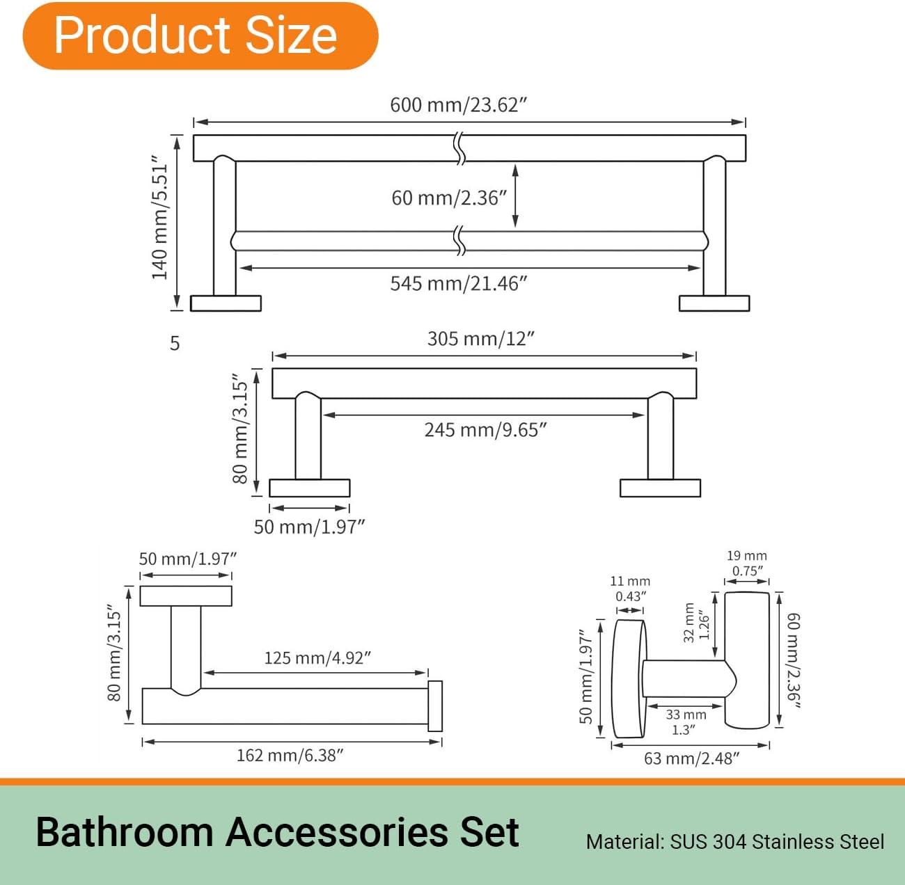 4-Piece Bathroom Accessories Set Brushed Stainless Steel Wall Mount - Includes Double Towel Bar, Hand Towel Rack, Toilet Paper Holder, Robe Hooks, BS100S4-BN