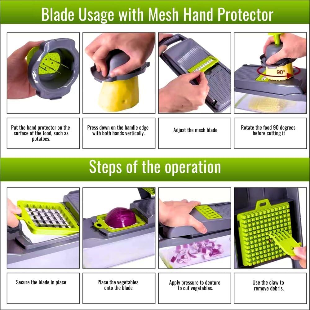 16-in-1 Vegetable Chopper | Fruit Chopper | Onion Chopper | Food Chopper | Salad Chopper with 7 Stainless Steel Blades | Hand Guard | Cleaning Brush and Peeler with Storage Container