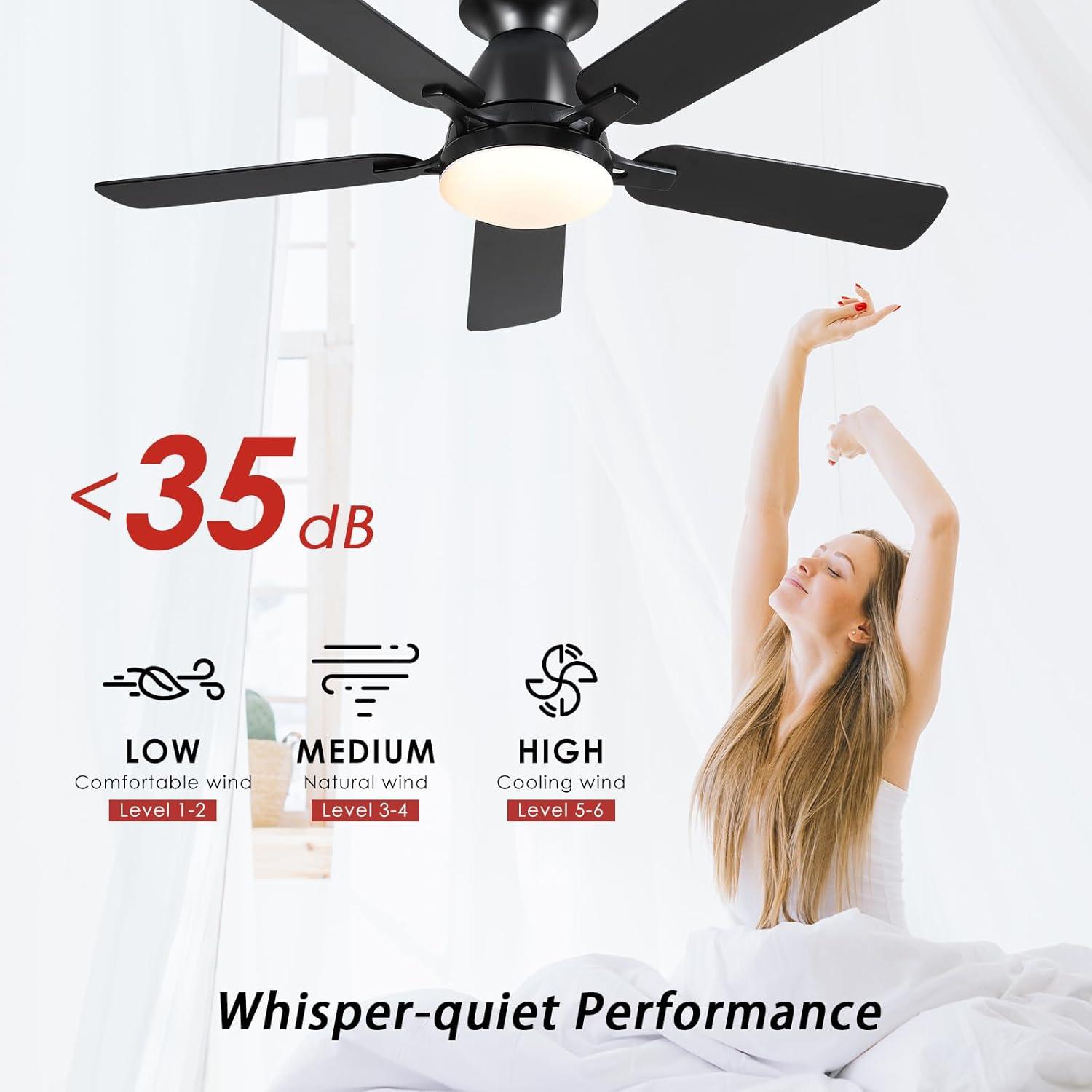 46" Low Profile Indoor Ceiling Fan with Light and Remote/APP Control, Flush Mount, LED Dimmable DC Reversible Modern Ceiling Fan for Bedroom - Black