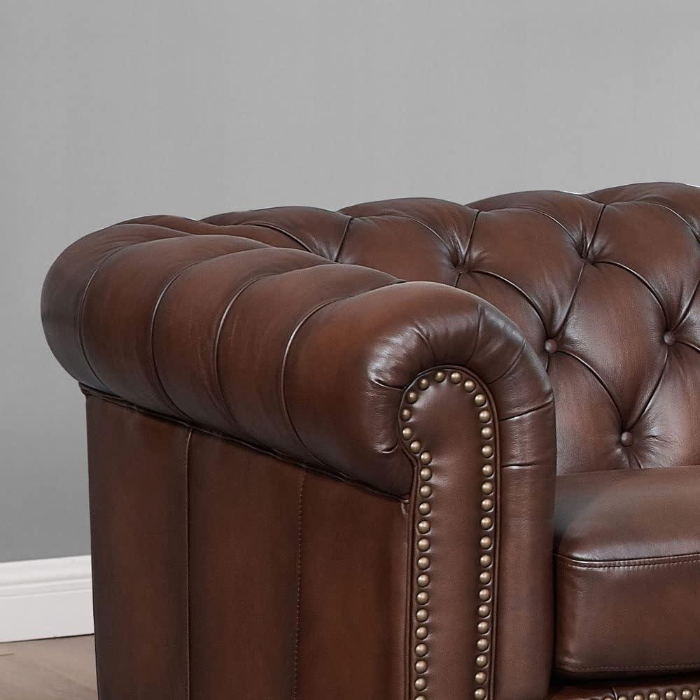 Caramel Brown Tufted Leather Chesterfield Loveseat with Nailhead Trim