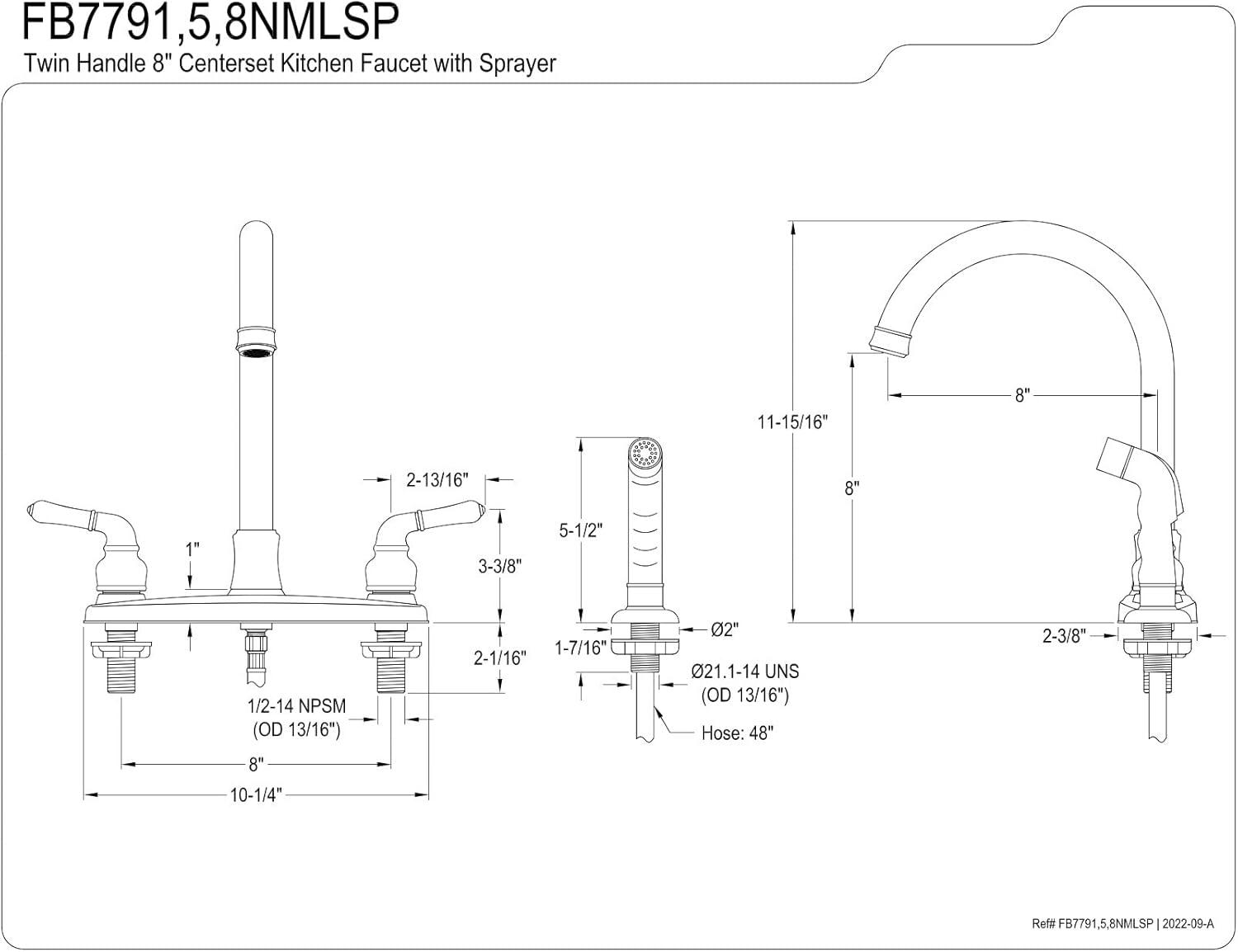 Kingston Brass Naples Two-Handle 4-Hole 8" Centerset Kitchen Faucet with Side Sprayer