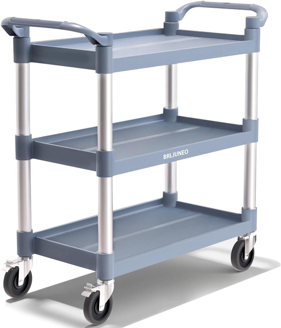 Service Cart Heavy Duty 3-Shelf Rolling Utility/Push Cart with Lockable Wheels, 360 lbs. Capacity, for Foodservice/Restaurant/Cleaning