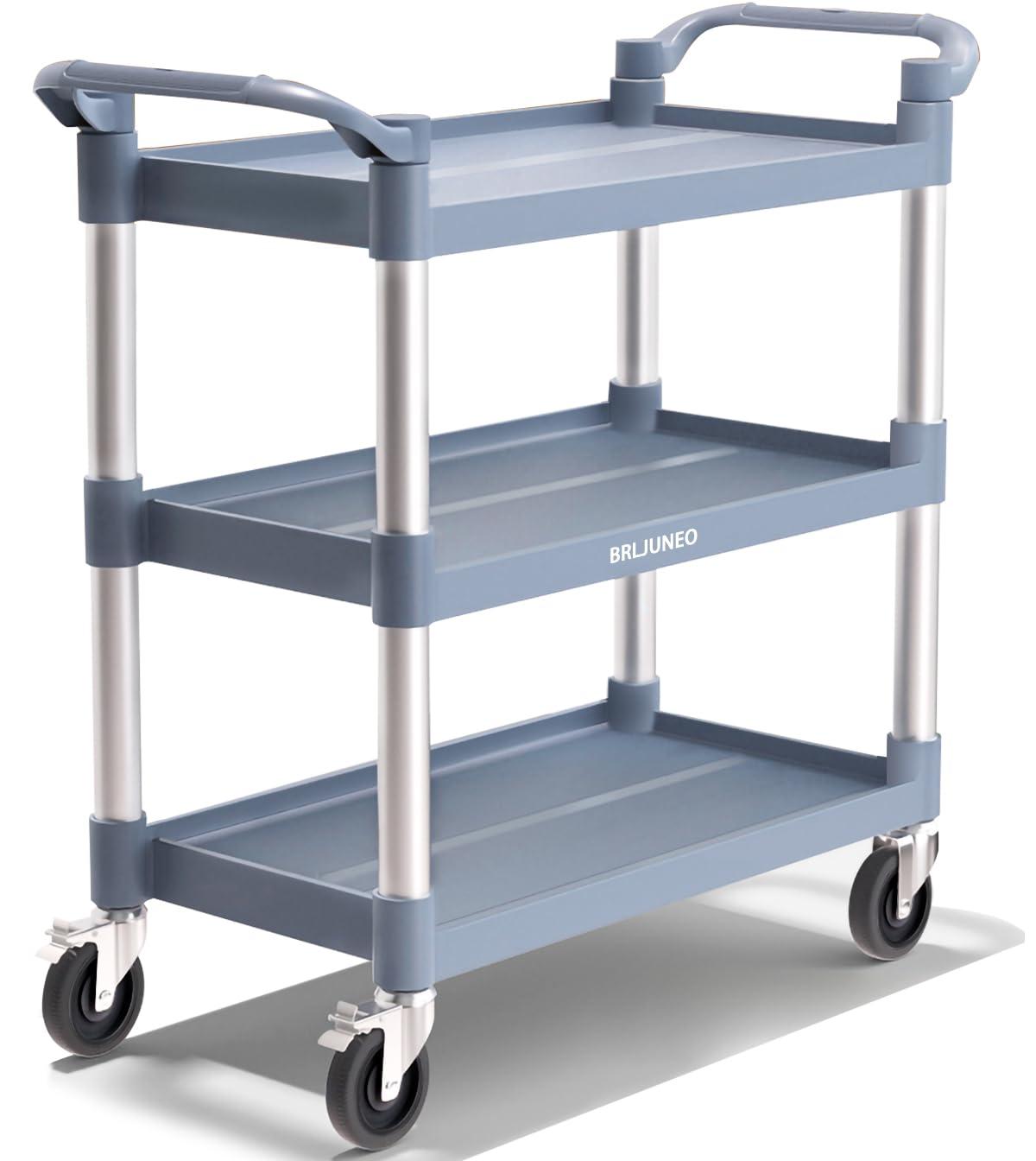 Service Cart Heavy Duty 3-Shelf Rolling Utility/Push Cart with Lockable Wheels, 360 lbs. Capacity, for Foodservice/Restaurant/Cleaning
