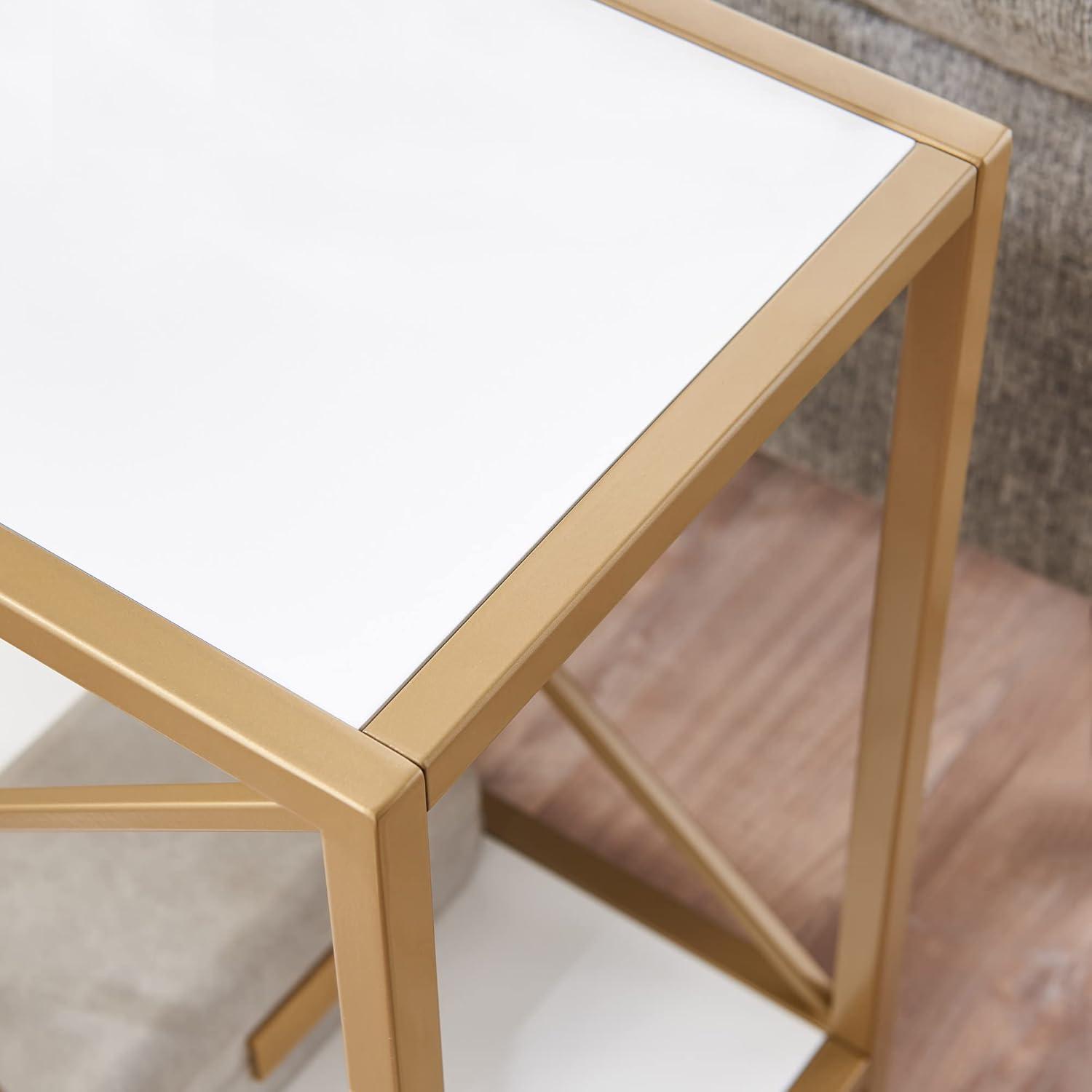 Narrow White and Gold Metal Frame Wood Top End Table