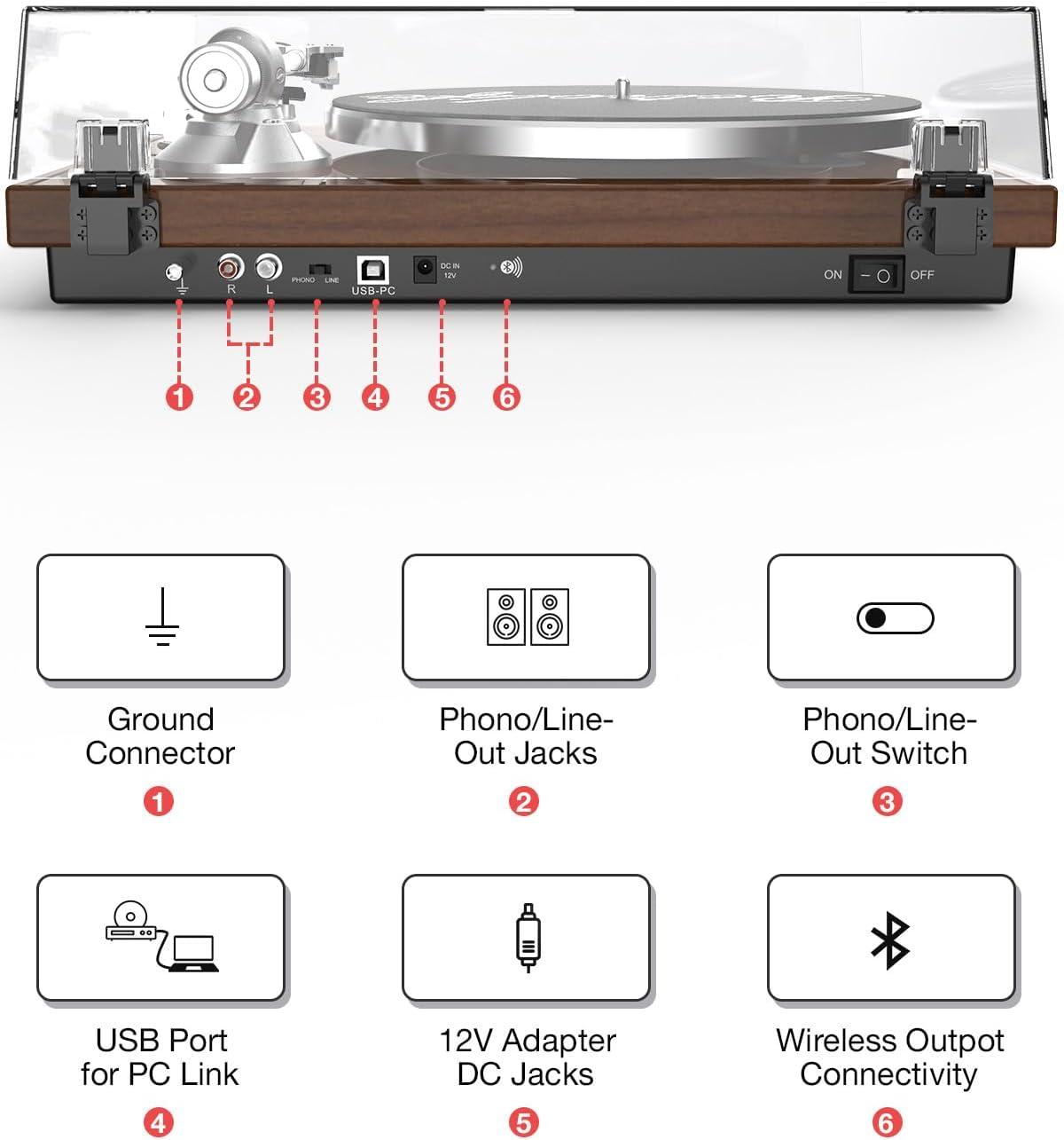 Turntables Record Player with Wireless Output Connectivity Vinyl Player Belt-Drive Support 33 45 RPM Speed Phono Line USB Digital to PC Recording with Advanced MM Cartridge ATN3600L Light Brown