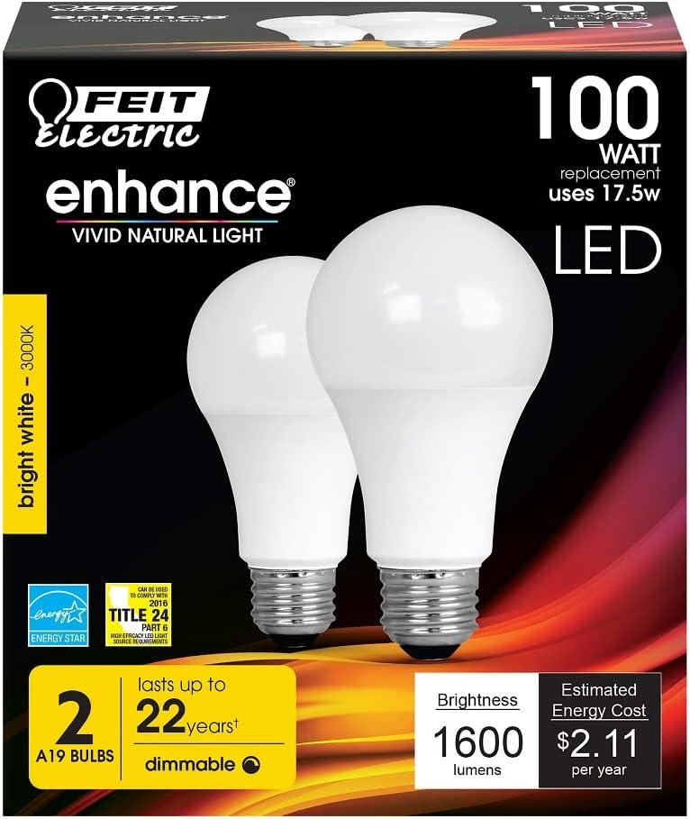 Feit Electric Enhance A19 E26 (Medium) LED Bulb Bright White 100 Watt Equivalence 2 pk