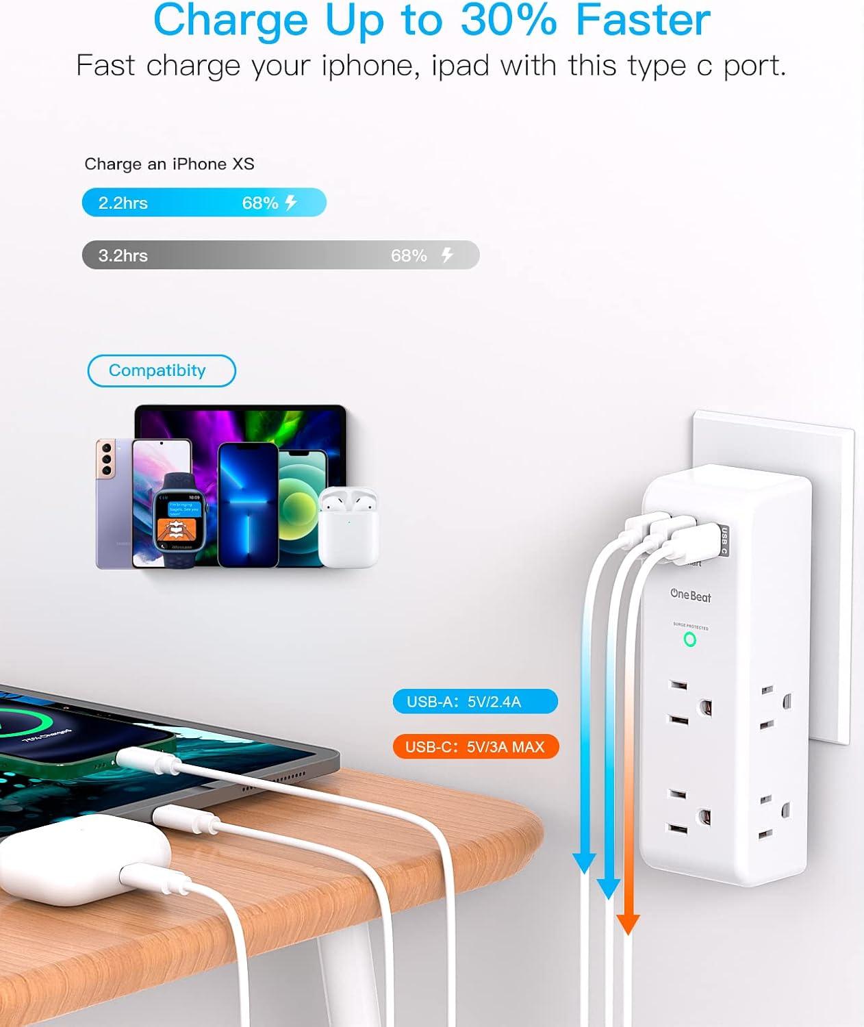 White 10-Piece USB Outlet Extender with Rotating Plug