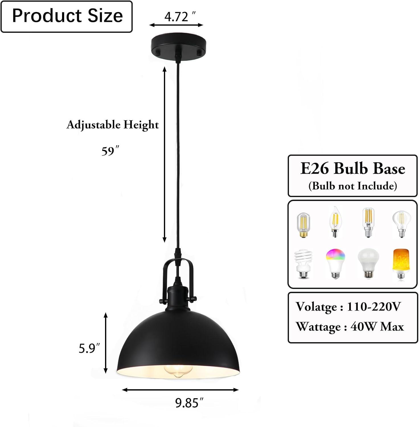 KAYYELAMP 3-Pack Black Metal Shade Hanging Light E26 Black Base Adjustable Height Droplight Retro Design Pendant Light for Kitchen Island Sink Home