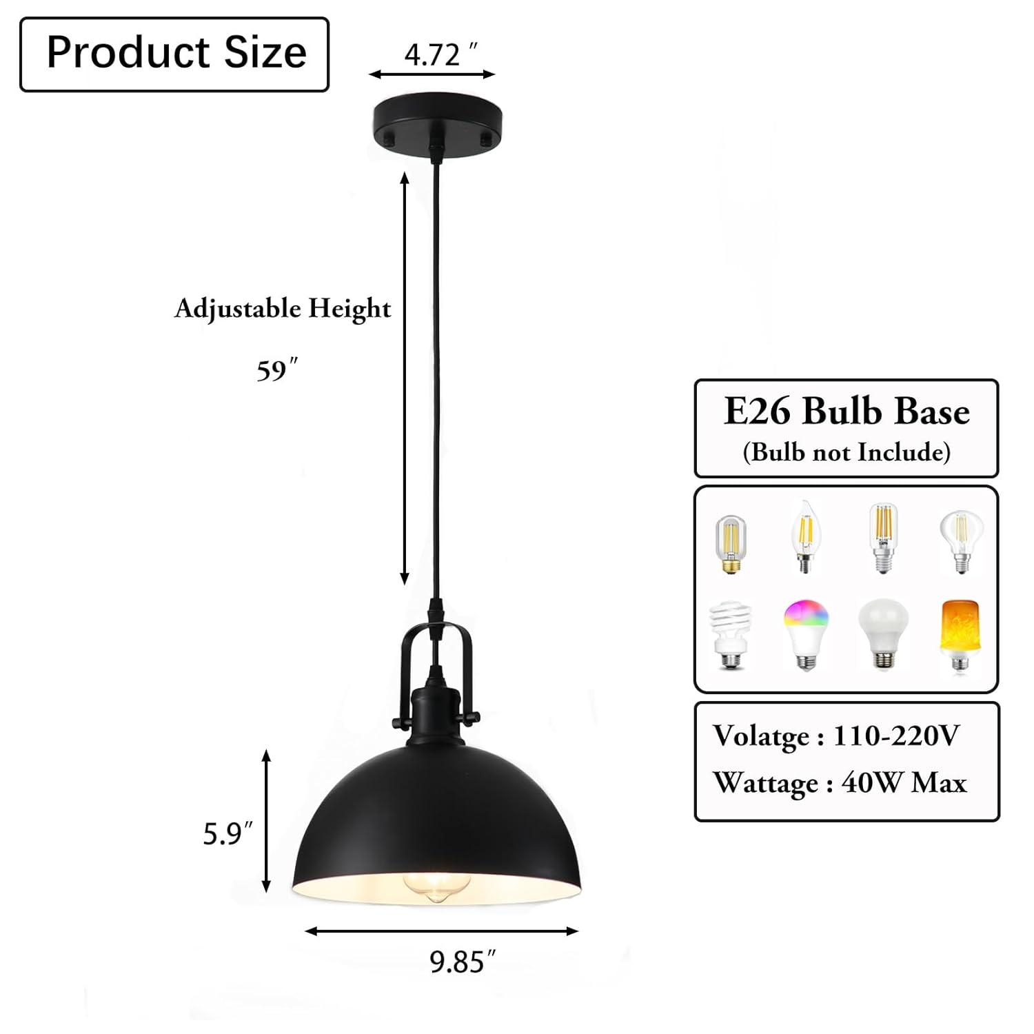 KAYYELAMP 3-Pack Black Metal Shade Hanging Light E26 Black Base Adjustable Height Droplight Retro Design Pendant Light for Kitchen Island Sink Home