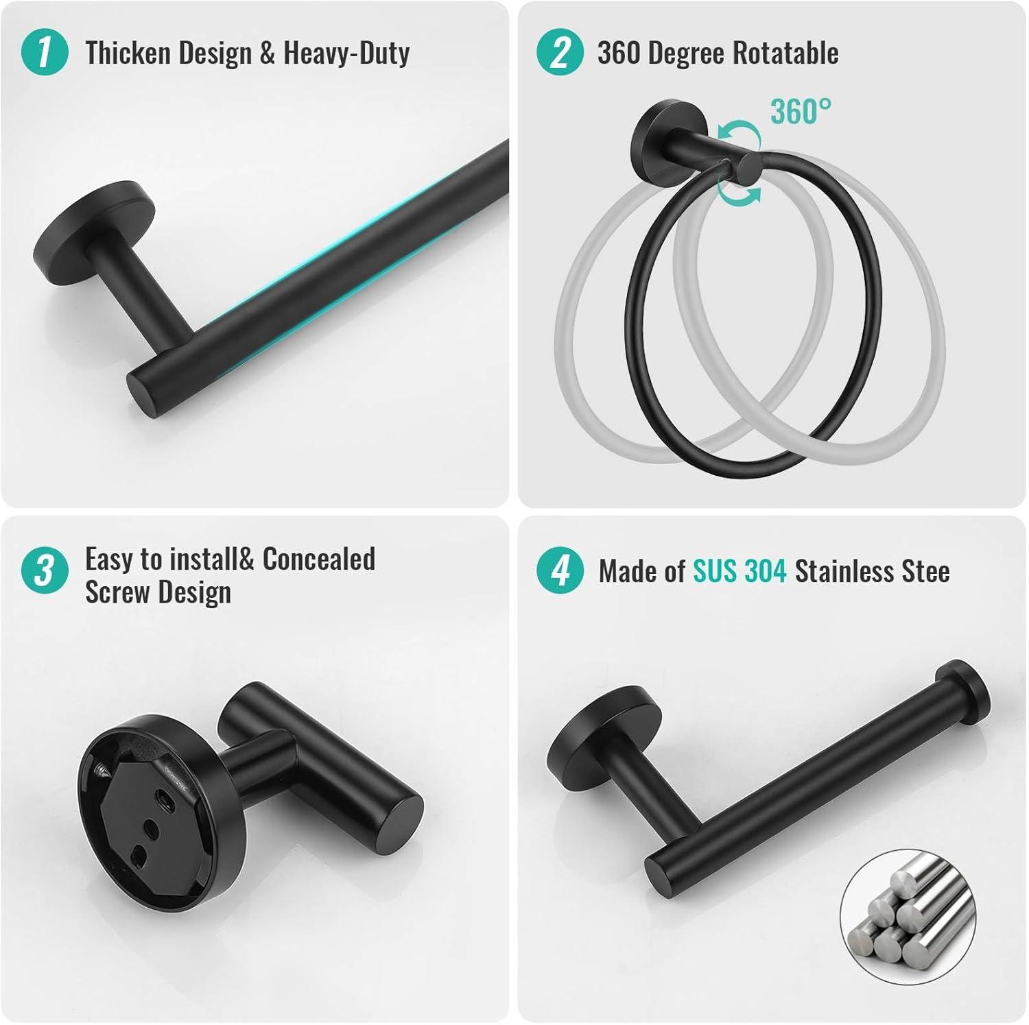 Matte Black 6-Piece Stainless Steel Bathroom Hardware Set