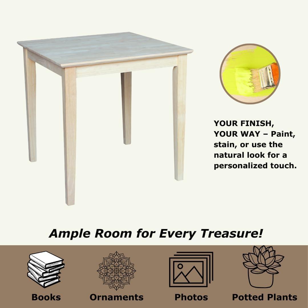 International Concepts 30" Square Solid Wood Dining Table with Shaker Legs Unfinished: Parawood, Kitchen Table