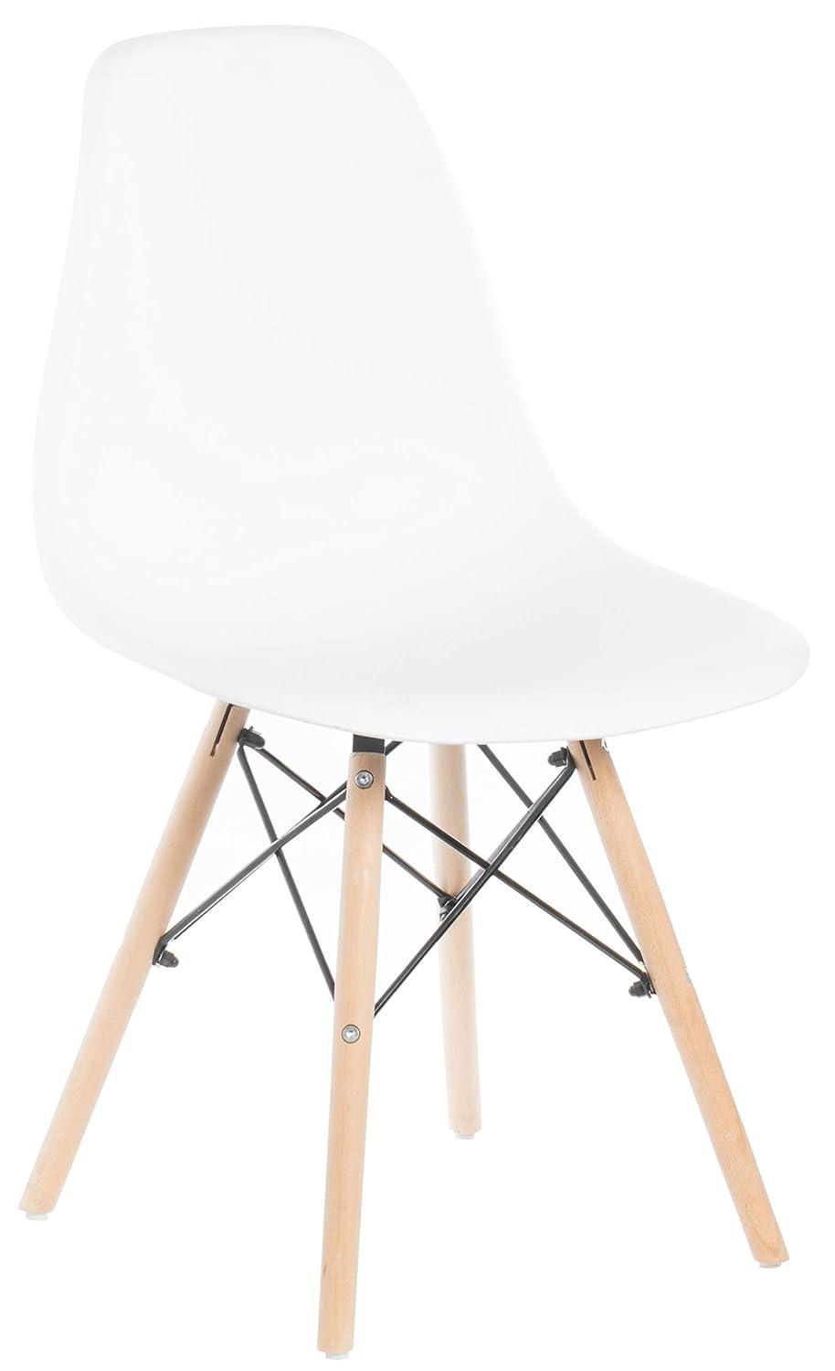 Fabulaxe Mid-Century Modern Style Plastic DSW Shell Dining Chair with Solid Beech Wooden Dowel Eiffel Legs, White