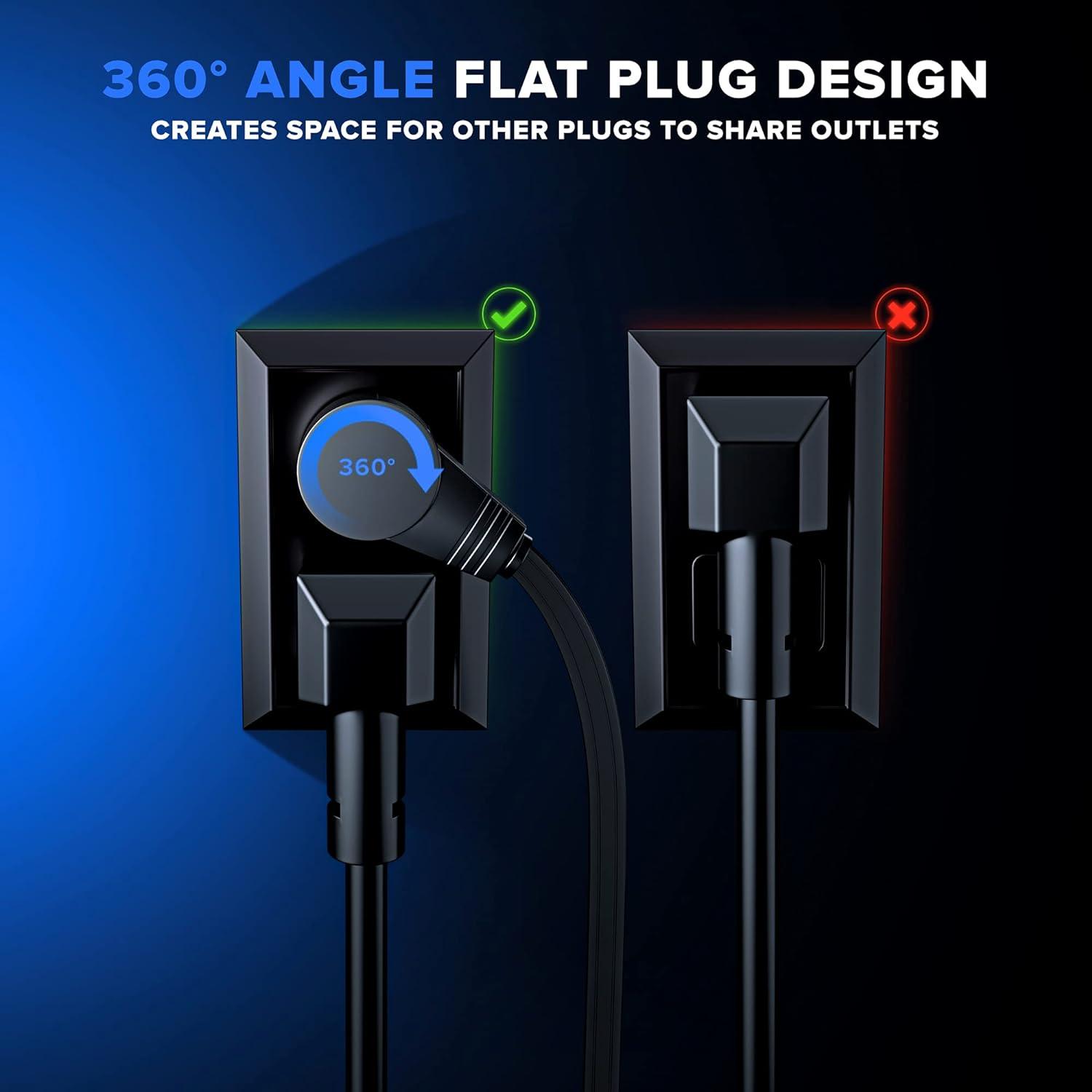 Maximm 1 ft. 16/3 Flat Extension Cord 360 Rotating Plug 3-Outlet 13A, 1625W, UL Certified, Black