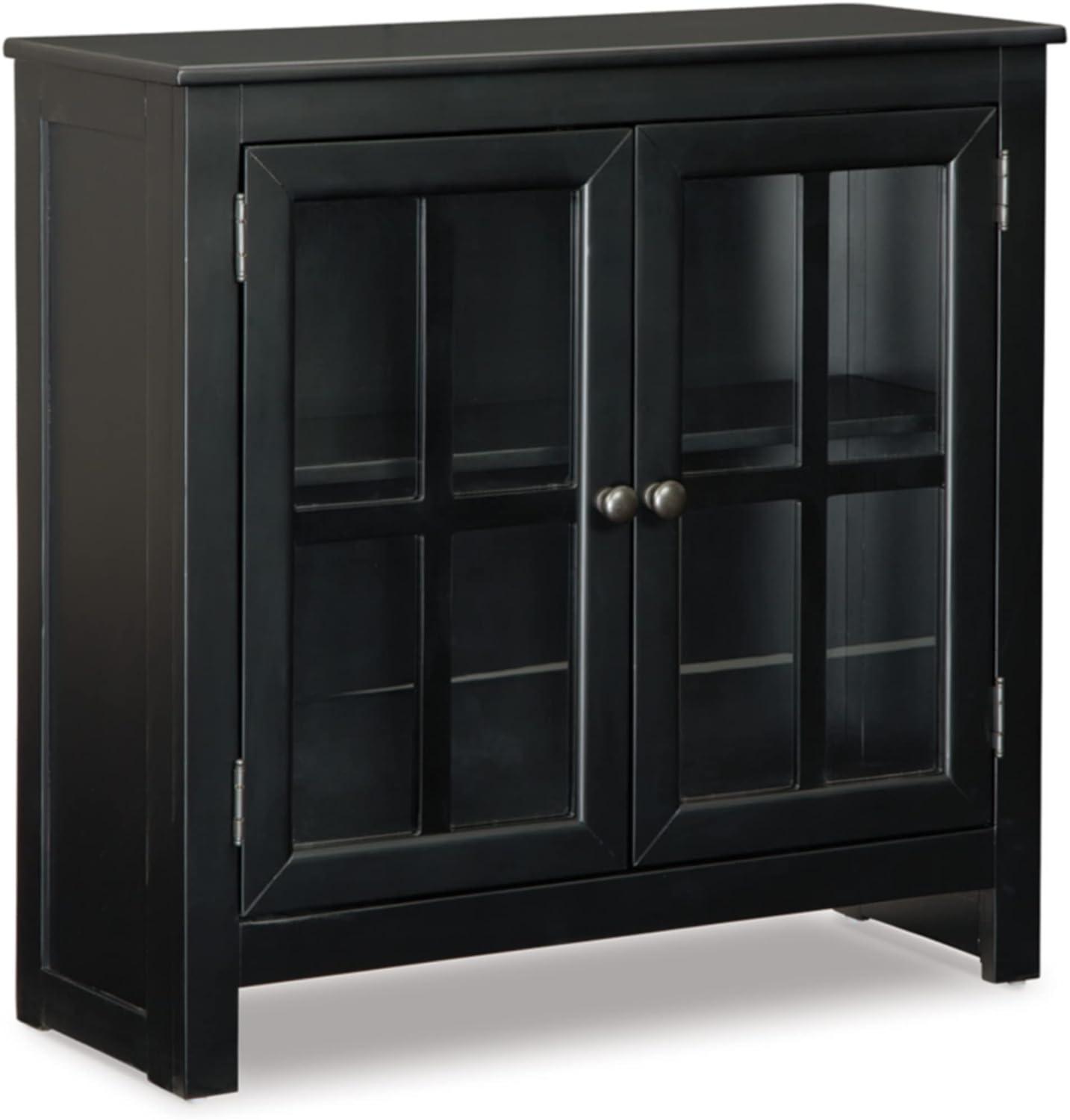 Transitional Black Wood Accent Cabinet with Lattice Doors and Adjustable Shelving