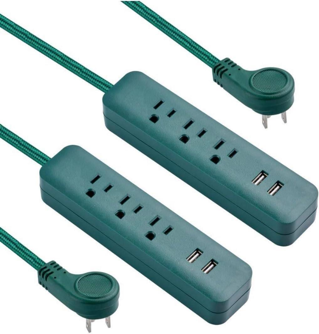 Green 3-Outlet 2-USB Surge Protector with Fabric Cord, 2-Pack