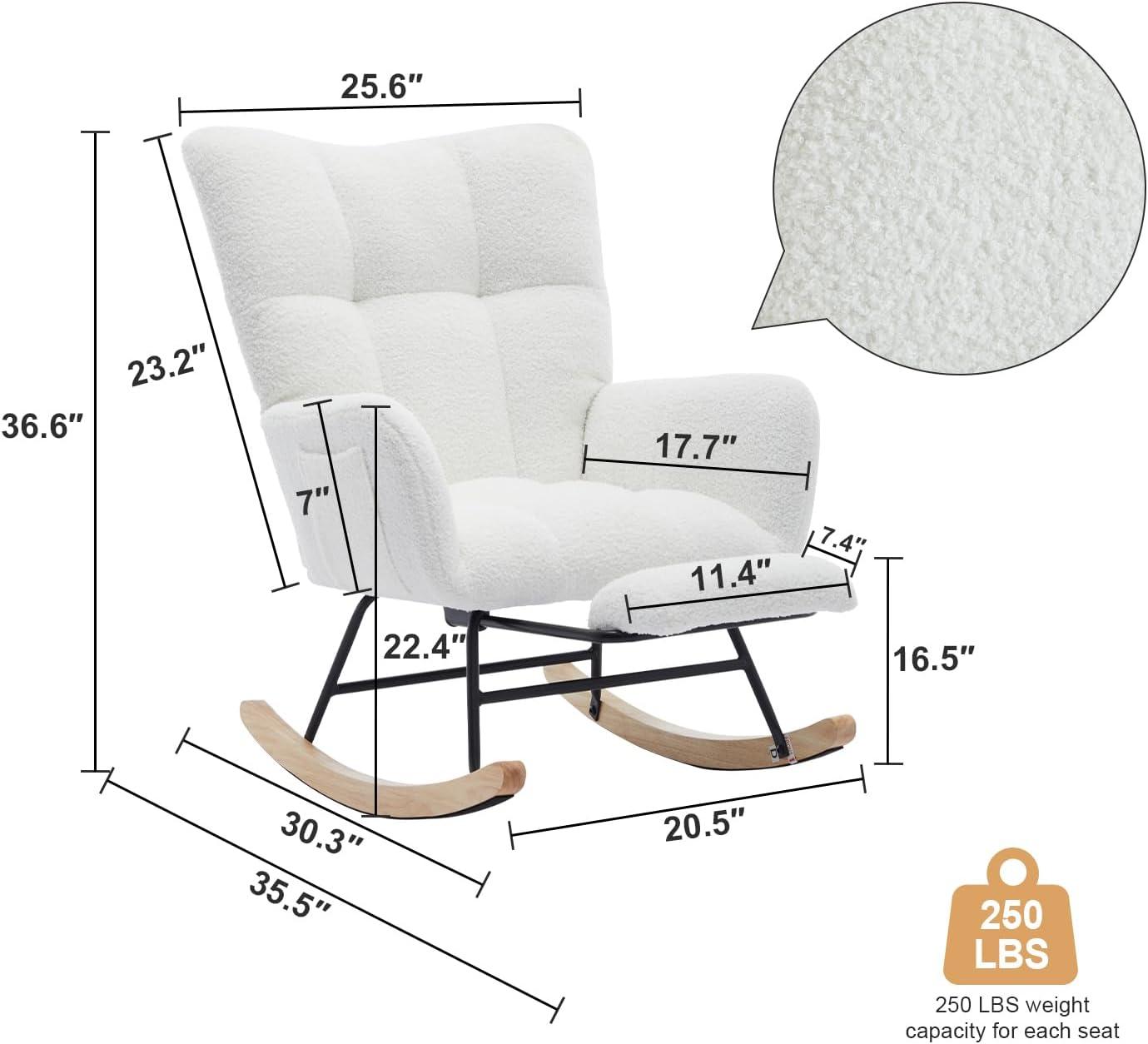 White Sherpa Upholstered Wingback Rocking Chair with Oak Legs