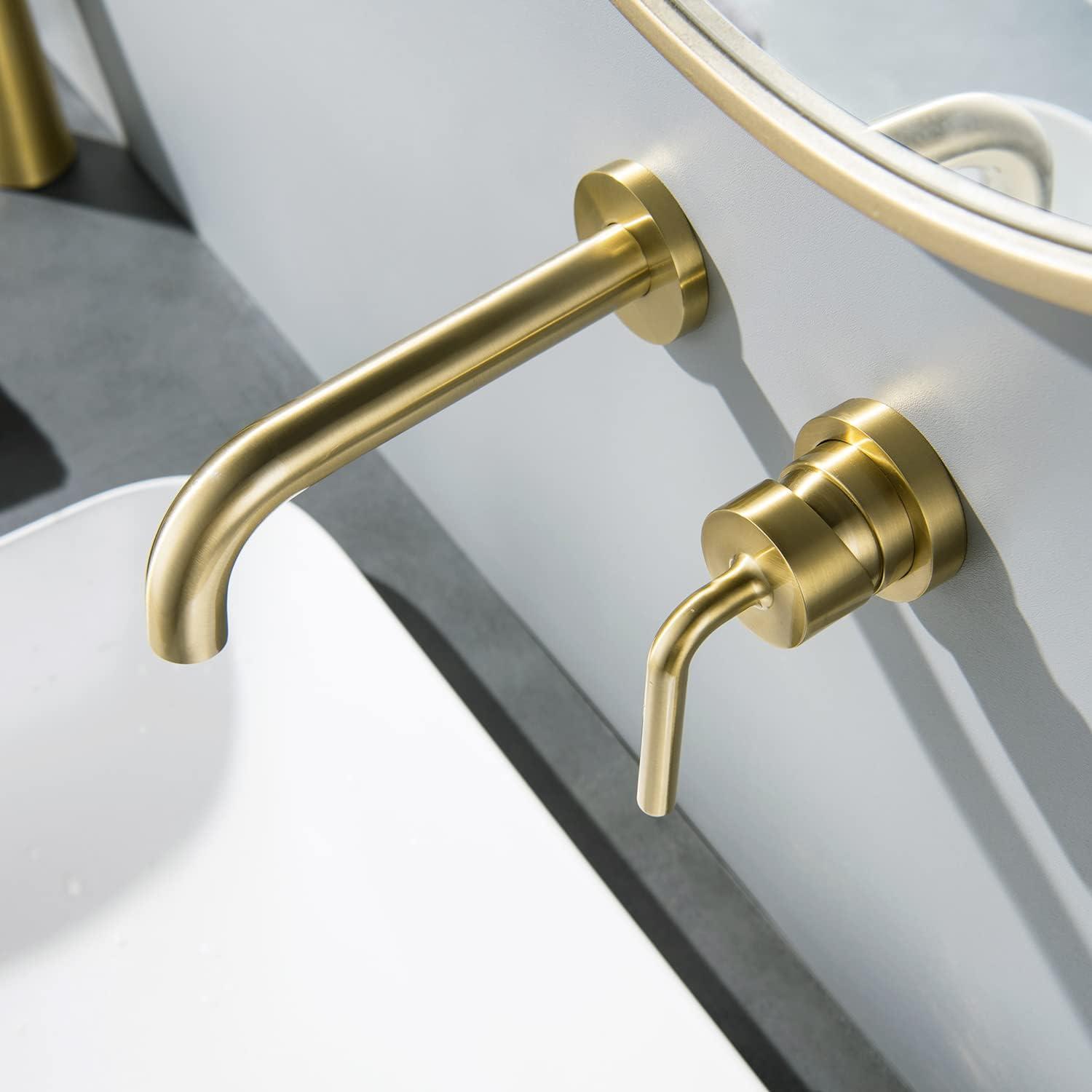 Brushed Gold Wall Mount Brass Bathroom Faucet with Single Handle