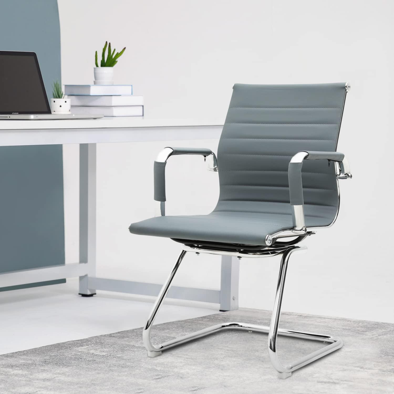 Guyou Modern Mid Back Office Guest Chair Set of 2, Faux Leather Reception Chair Computer Chair with Armrests and Metal Sled Base for Meeting/Waiting/Conference Room, No Wheels, Black