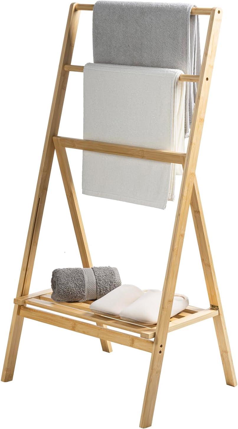 Freestanding Bamboo Folding Towel Stand with Shelf