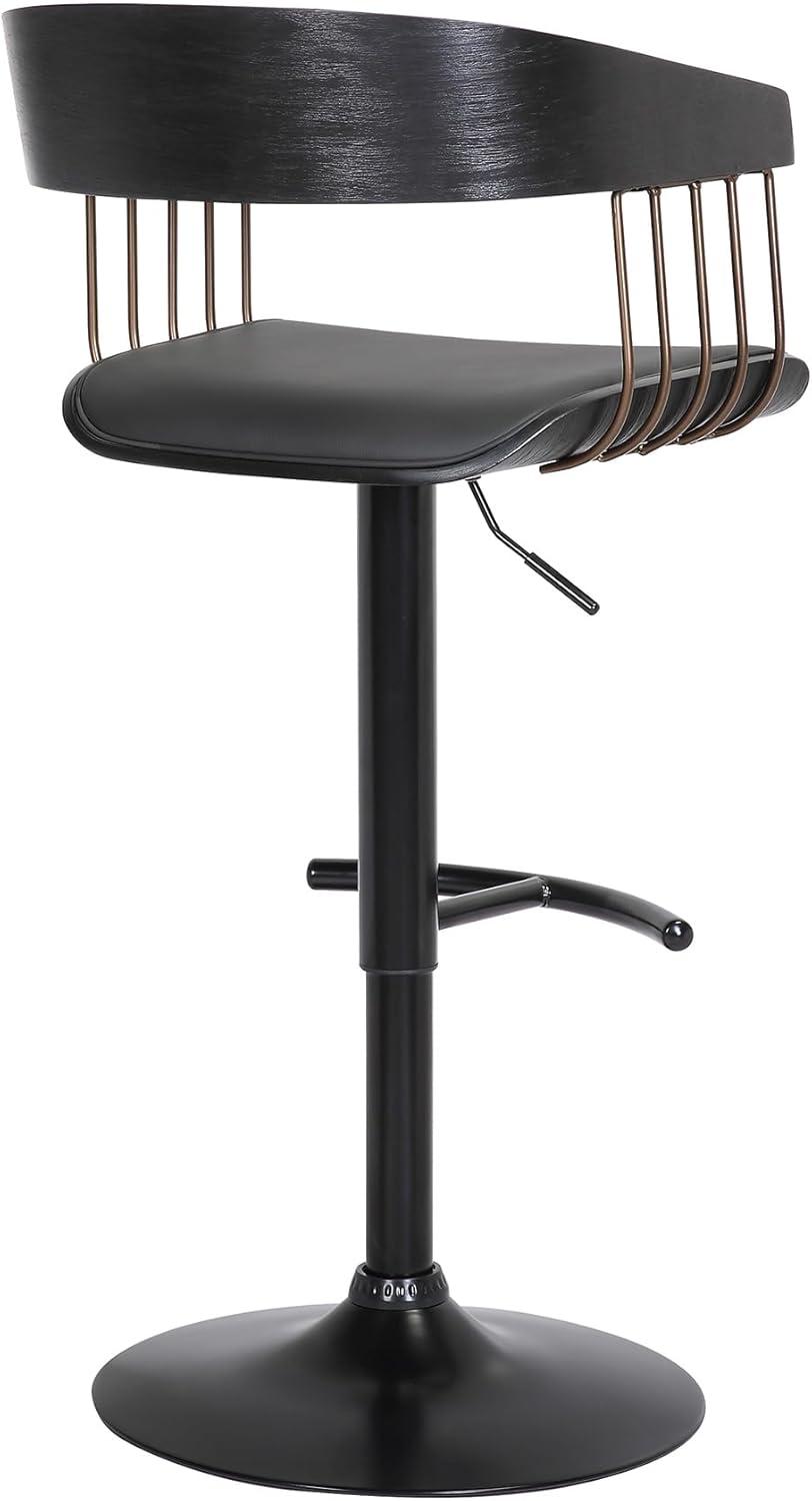 Larisa Adjustable Black Wood Bar Stool in Black Faux Leather with Golden Bronze and Black Metal