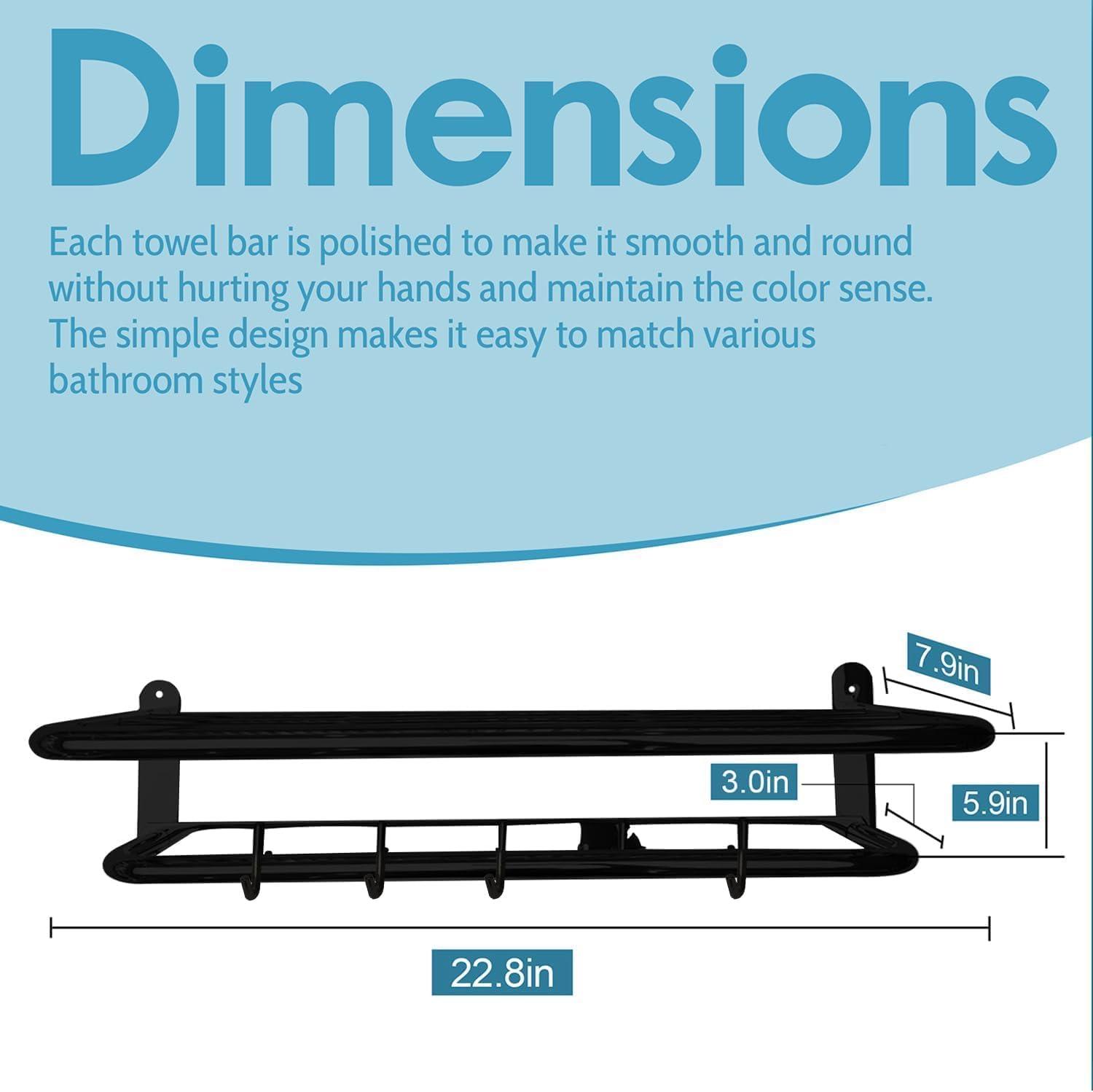 Matte Black 2-Tier Towel Rack | 24'' Wall-Mounted Bathroom Towel Shelf With Bar & 5 Hooks | Rust-Proof Stainless Steel Towel Hanger & Organizer | Space-Saving Storage
