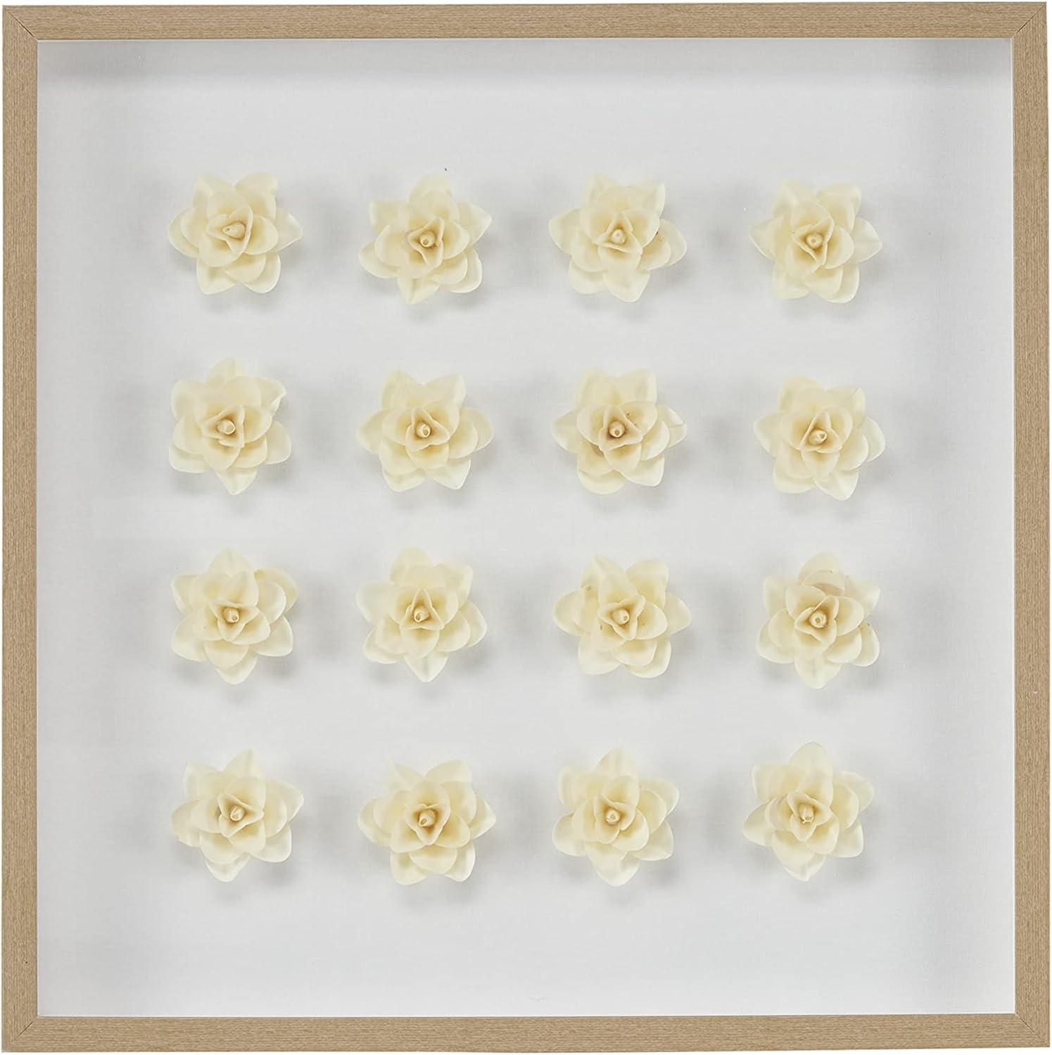 White Linen Floral Shadow Box Wall Art with Beige Frame