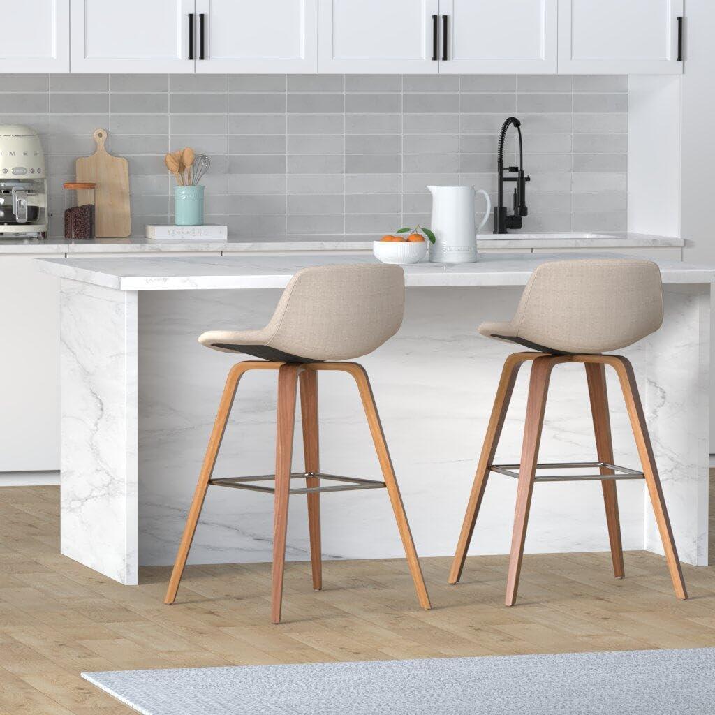 Simpli Home Randolph Upholstered Bentwood Mid-Century Modern Bar & Counter Stool with Chrome Footrest (Set of 2)