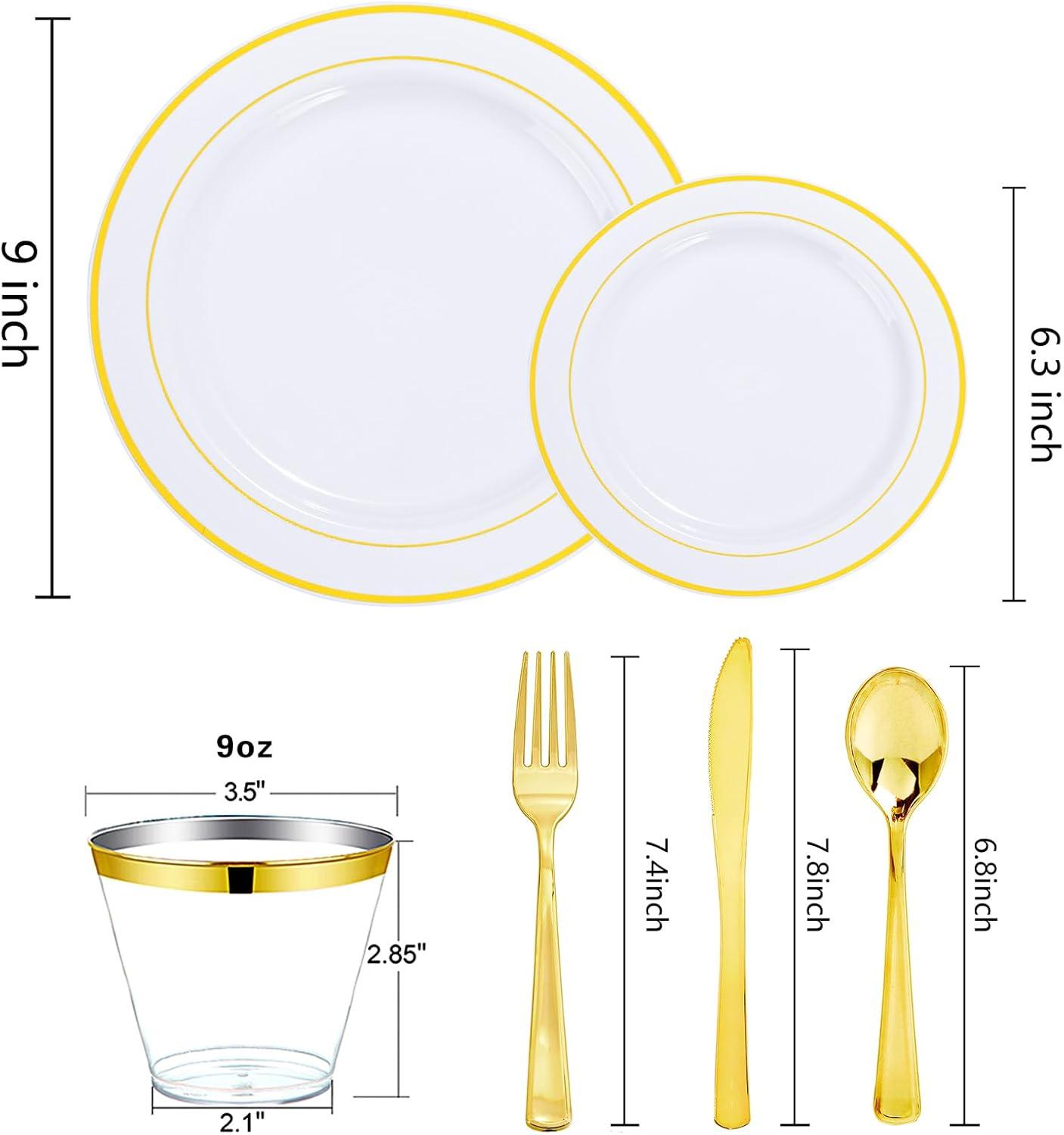 Gold Disposable Dinnerware Set for 100 Guests - 600PC BPA-Free Plastic Plates & Cutlery Kit with 100 Dinner Plates, Salad Plates, Forks, Knives, Spoons & Cups for Wedding, Party, Catering (Heavy-Duty)