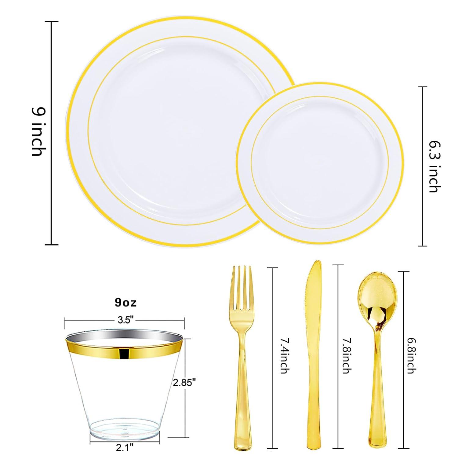 Gold Disposable Dinnerware Set for 100 Guests - 600PC BPA-Free Plastic Plates & Cutlery Kit with 100 Dinner Plates, Salad Plates, Forks, Knives, Spoons & Cups for Wedding, Party, Catering (Heavy-Duty)
