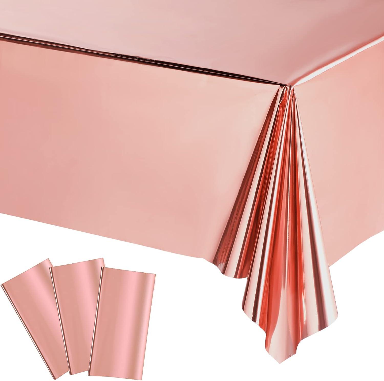 Sparkle and Bash 3 Pack Rose Gold Plastic Tablecloth, Metallic Table Cover Disposable for Pink Birthday Parties, Bridal Shower Decor, 54 x 108 In
