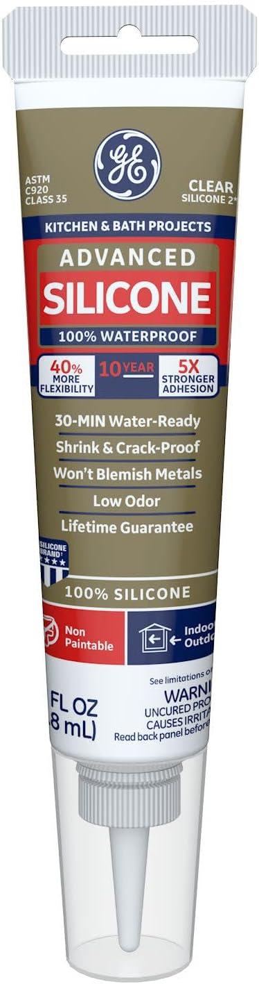 GE Advanced Silicone Kitchen & Bath Sealant, Pack of 1, Clear 2.8 fl oz Tube