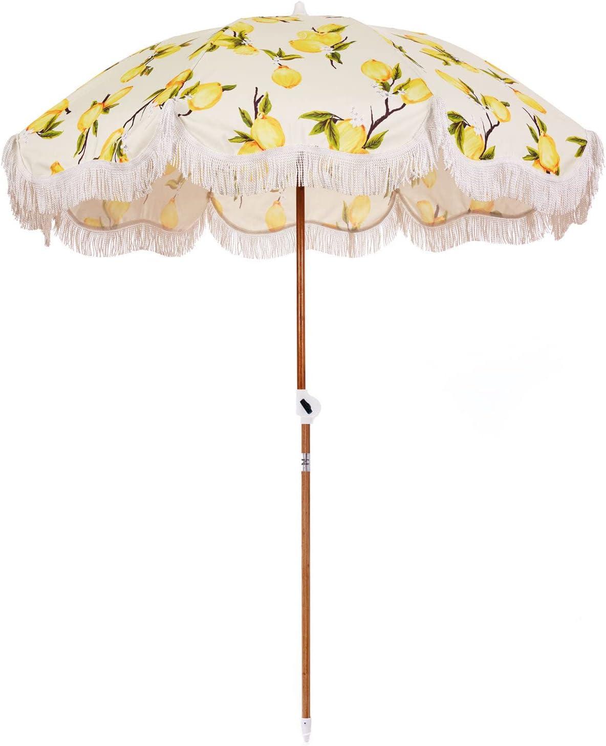 Vintage Lemons Beach Umbrella with White Fringe and Reclaimed Timber Pole