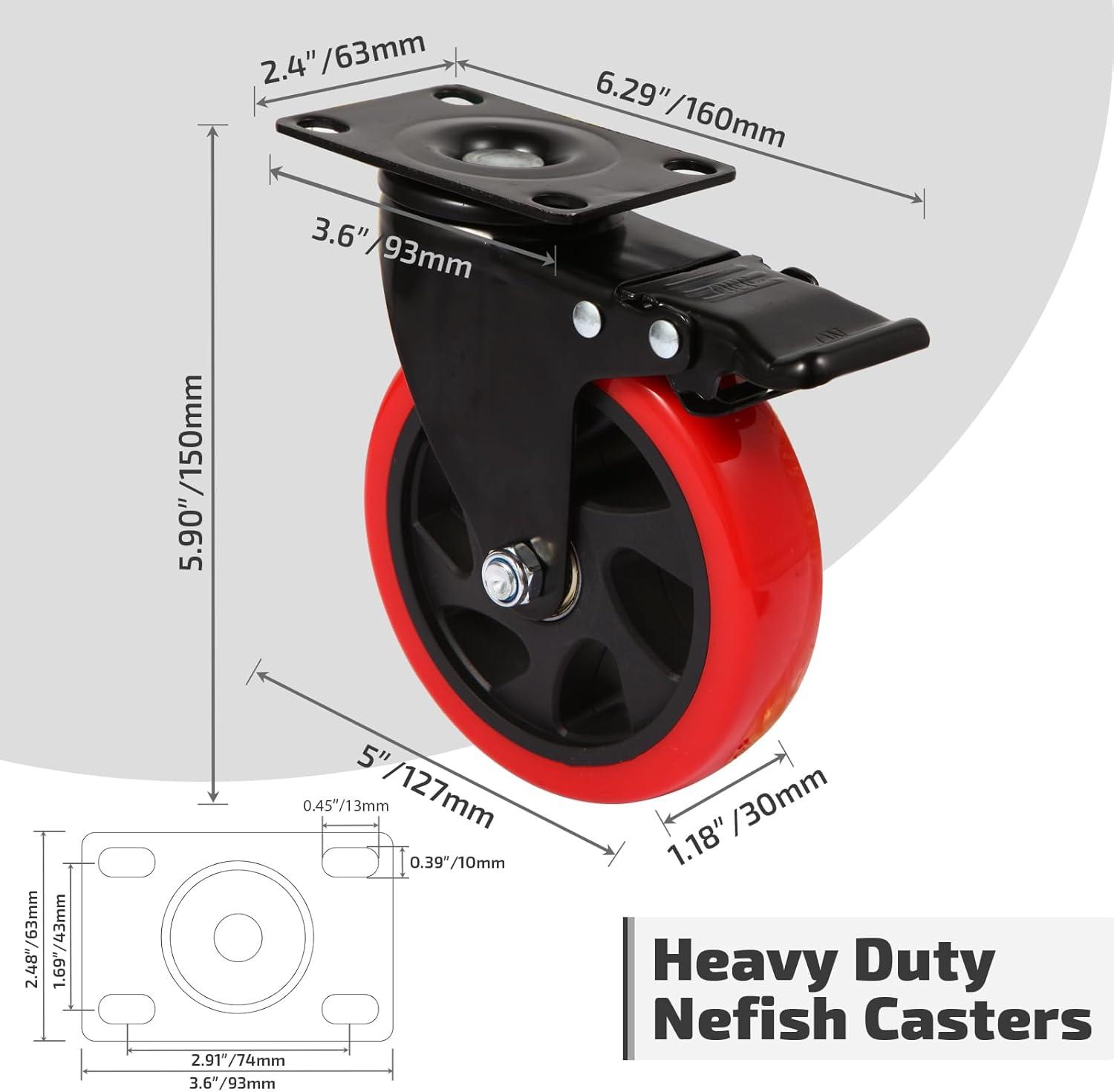 Heavy Duty 5 Inch Red Polyurethane Swivel Caster Wheels with Brake