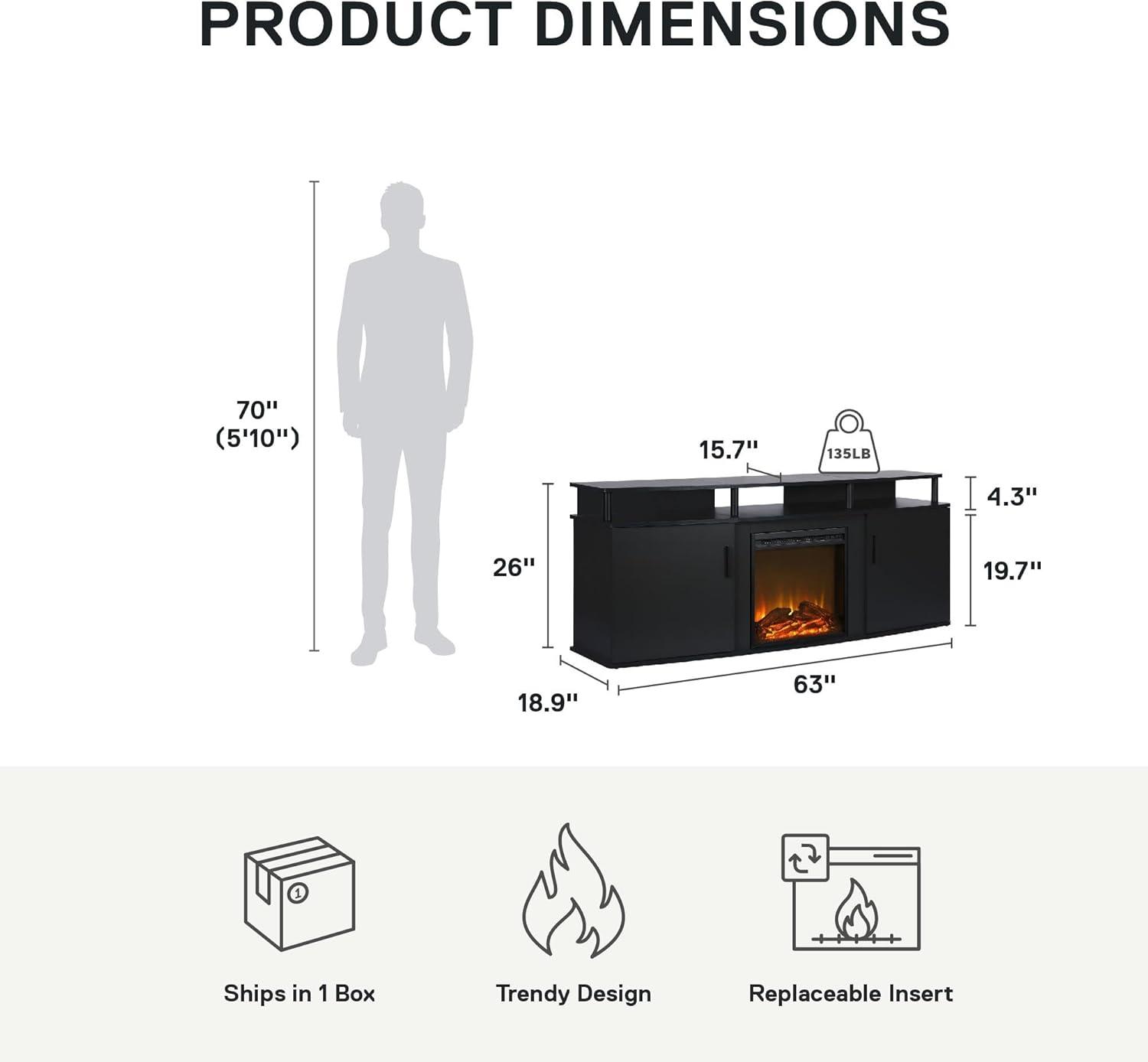 Black 70-Inch TV Stand with Electric Fireplace and Cabinets