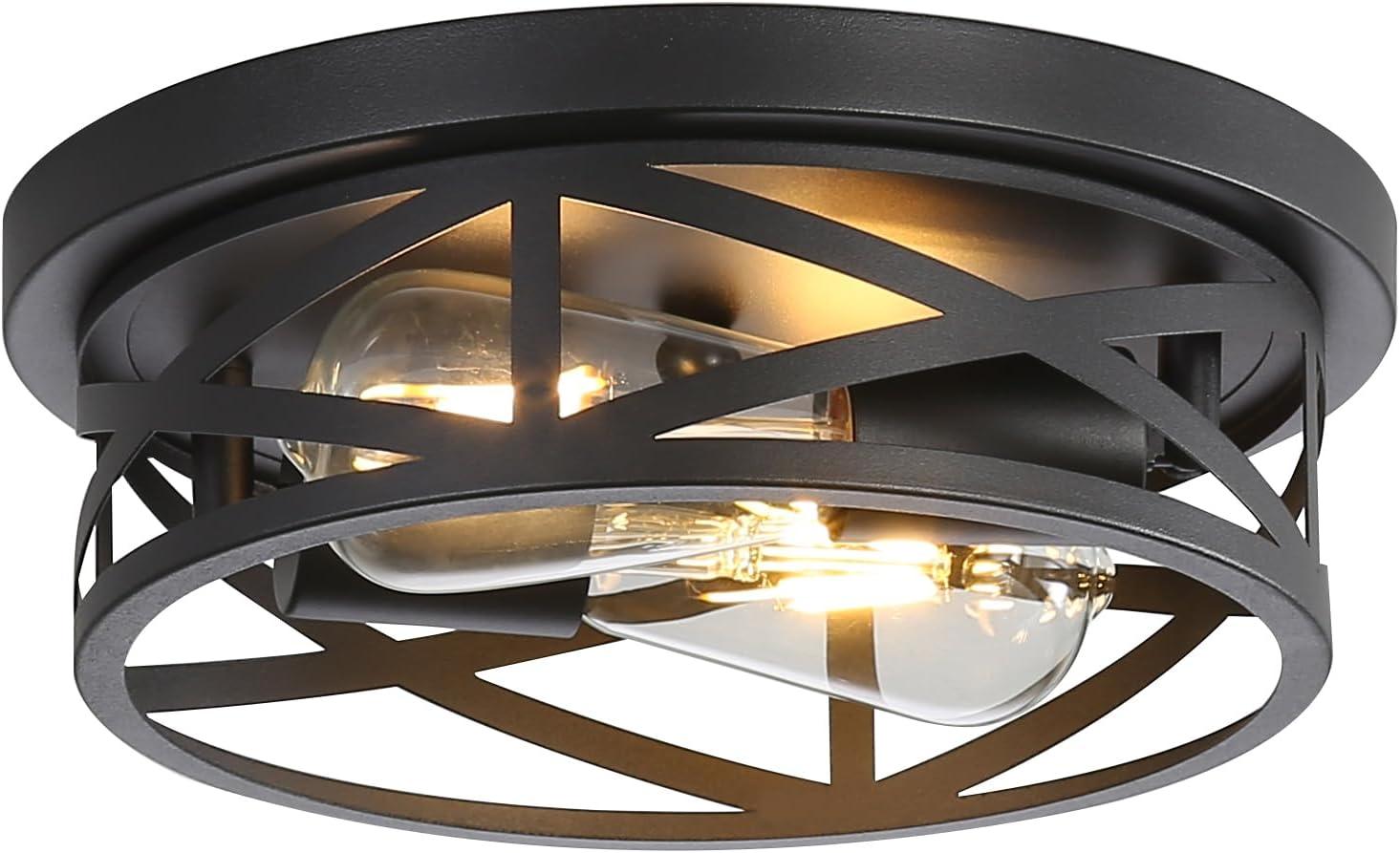 Black Metal Cage Drum Flush Mount Ceiling Light, 2-Pack