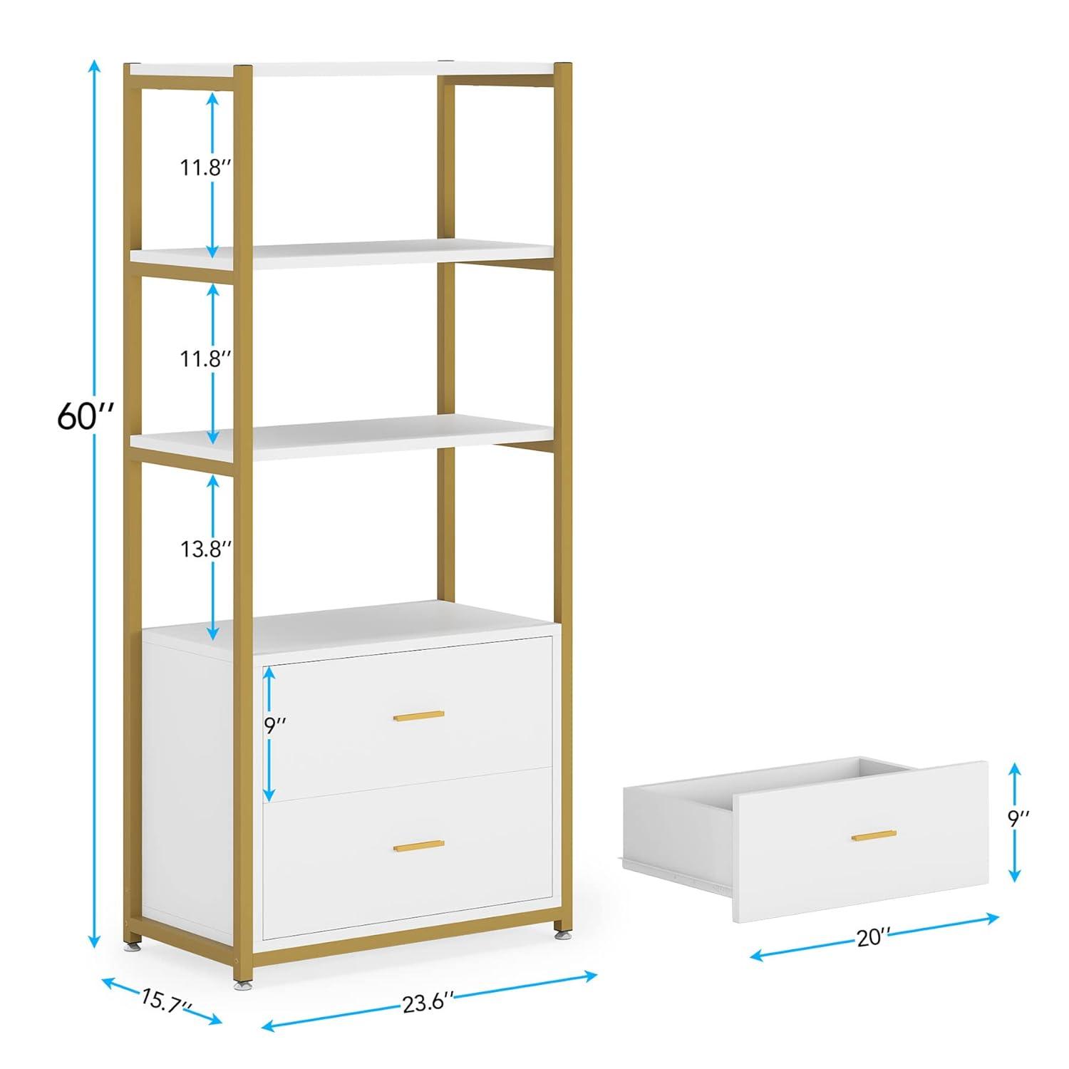 Tribesigns 4-Tier Bookshelf with 2 Drawers White/Gold