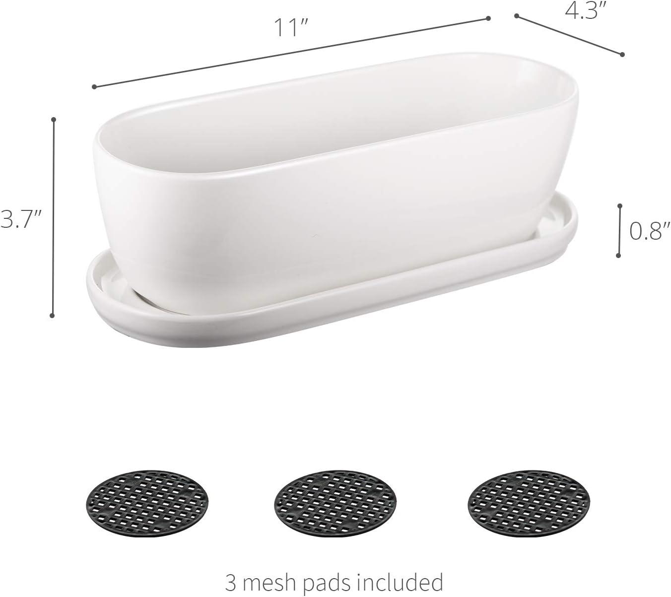 White Oval Ceramic Planter with Drainage Hole and Tray