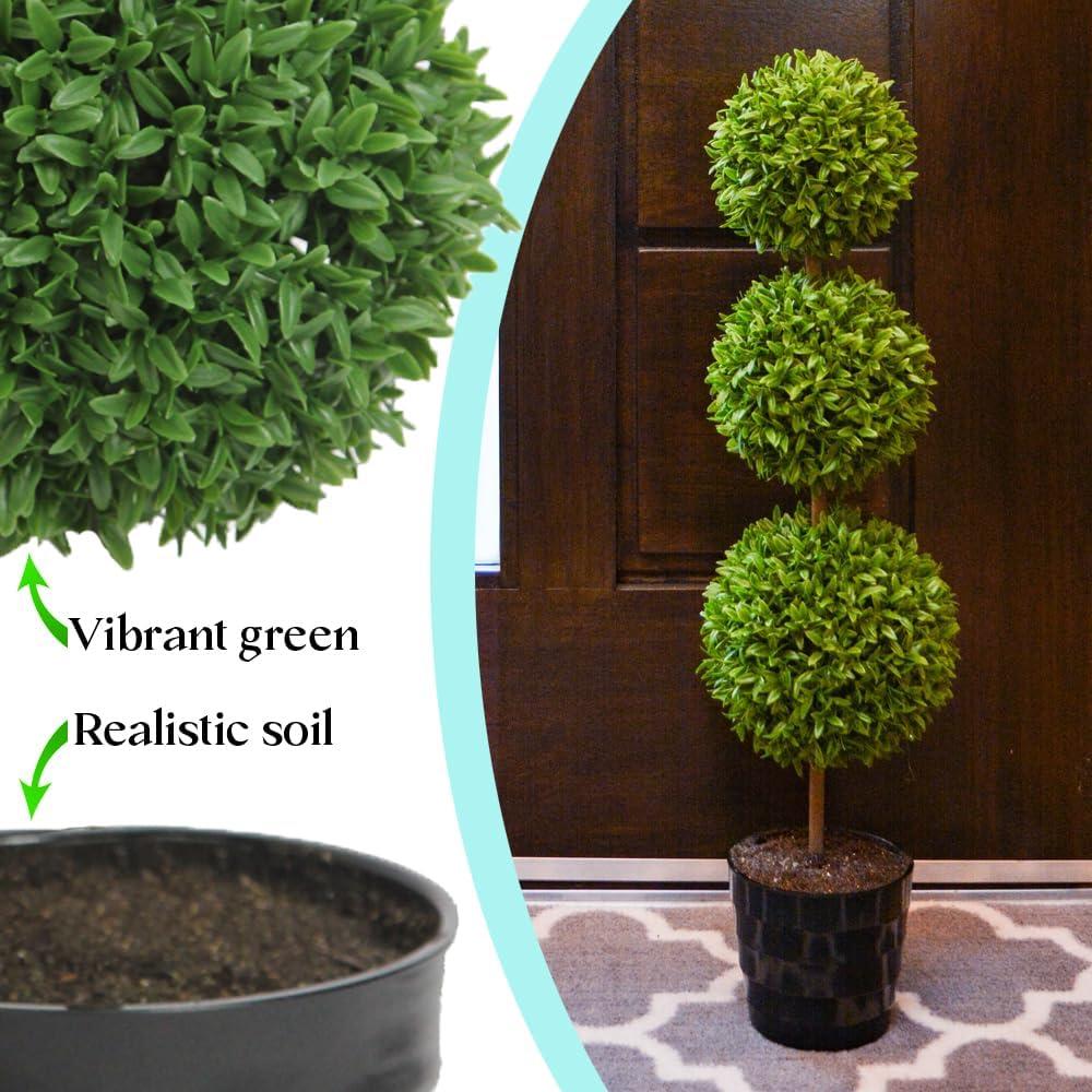 Admired By Nature 24" Faux Tabletop English Boxwood 3 Ball Topiary Plant in Pot, Green