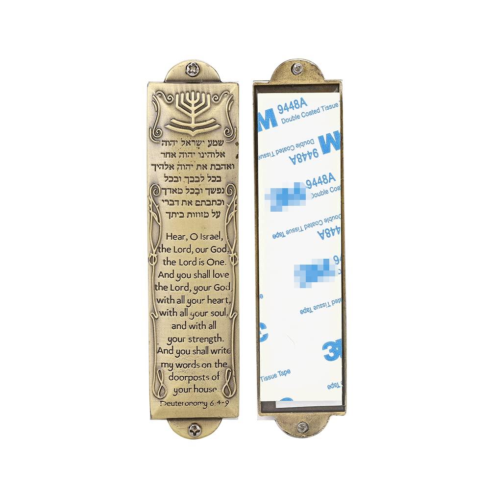 BRTAGG Metal Mezuzah for Door, Install Use Double-Sided Tape, 5.3" Tall, English & Hebrew Scripture, Bronze, Easy Peel and Stick Mezuzahs Cover Jewish Gifts (for 4 Inches Scroll)