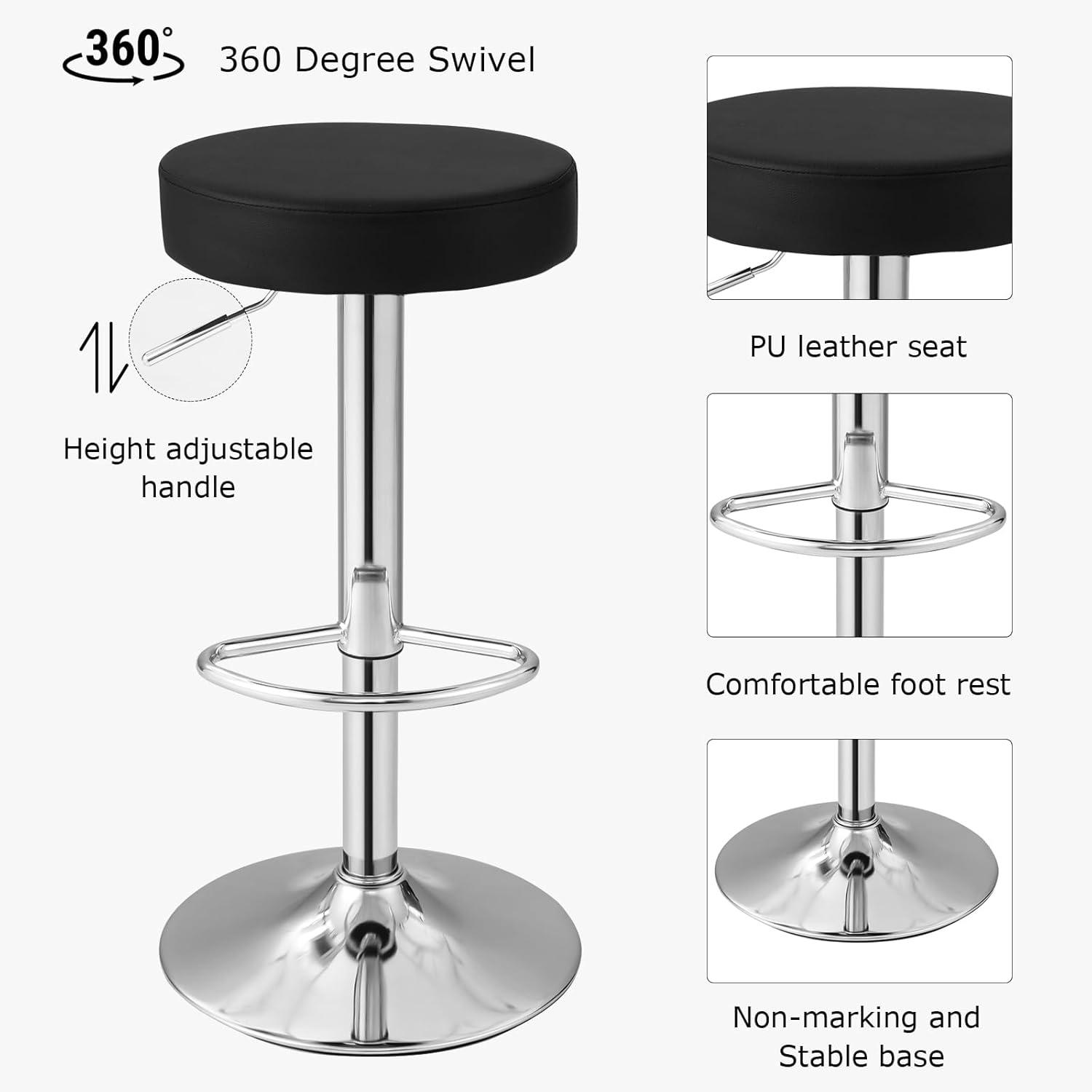 WATERJOY Adjustable Round Bar stools Set of 2, PU Seat Swivel Bar Stool with footrest