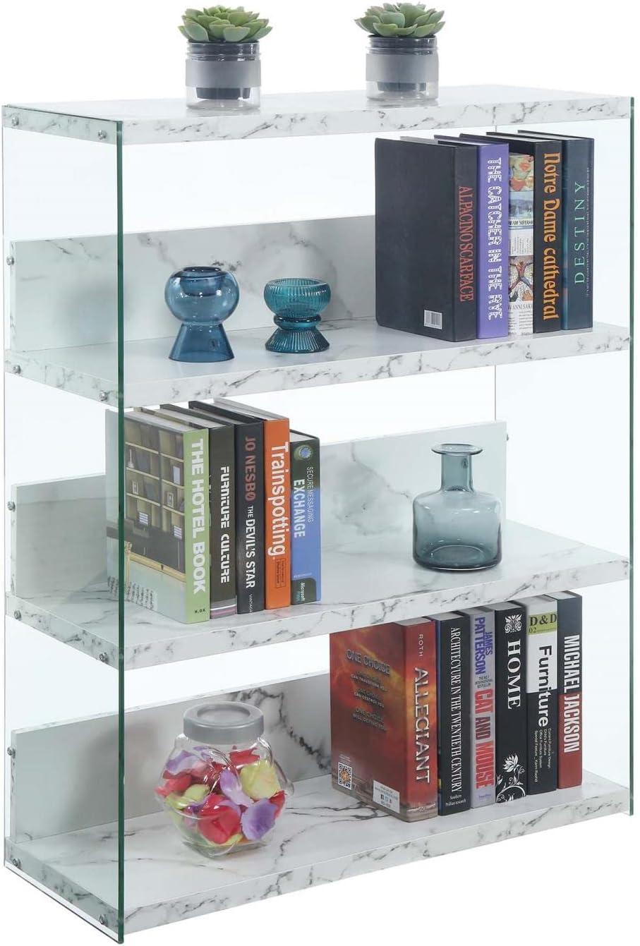 Convenience Concepts SoHo 4 Tier Glass Wide Bookcase, White Faux Marble/Glass