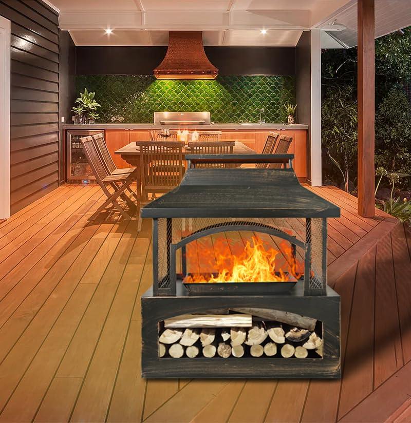 37-Inch Bronze Wood Burning Fire Pit with Log Storage