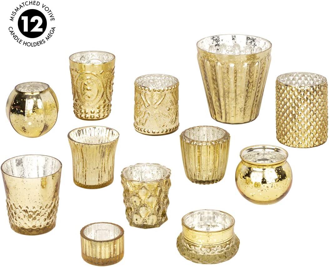 Koyal Wholesale Glass Gold Mismatched Votive Candle Holder Mega Set of 12 for Wedding & Home Decor
