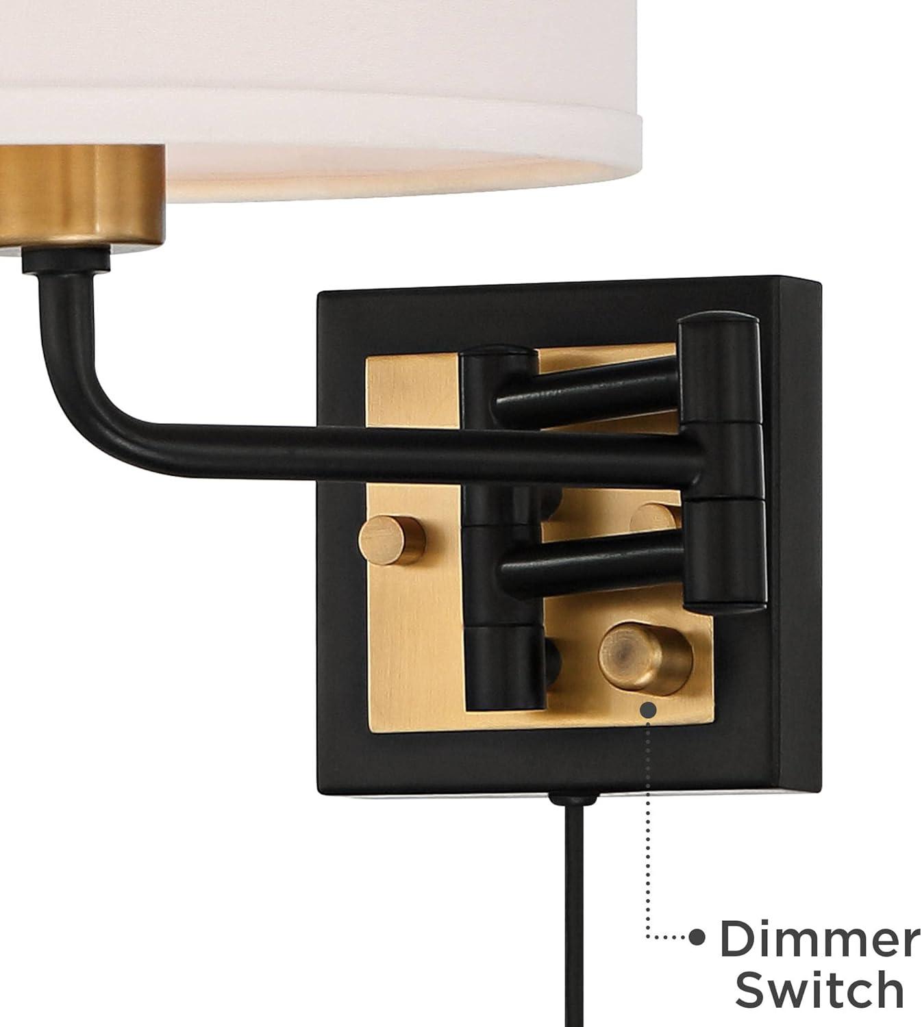 360 Lighting Joelle Modern Swing Arm Wall Lamp Brass Black Plug-in Light Fixture Fabric Drum Shade for Bedroom Bedside Living Room Reading Home House