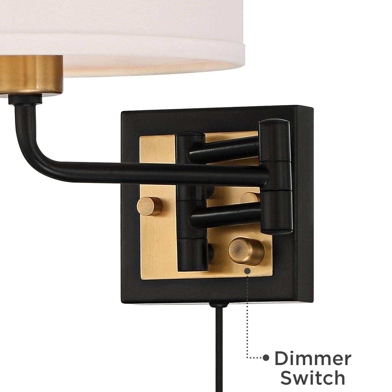 360 Lighting Joelle Modern Swing Arm Wall Lamp Brass Black Plug-in Light Fixture Fabric Drum Shade for Bedroom Bedside Living Room Reading Home House