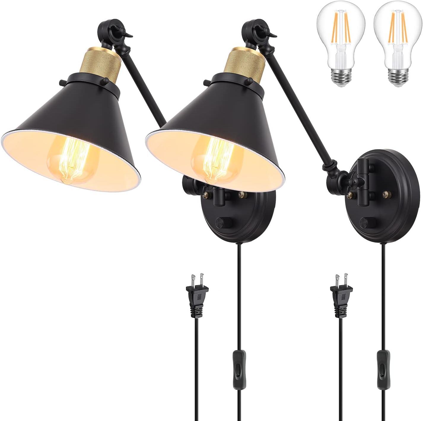 Black and Brass Dimmable Swing Arm Wall Sconce Set