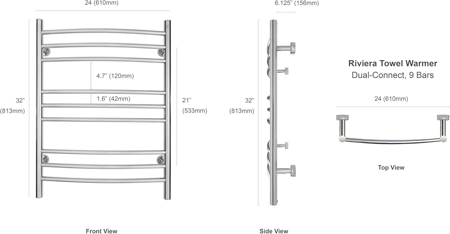 Polished Stainless Steel Wall-Mounted Curved Towel Warmer with 9 Bars