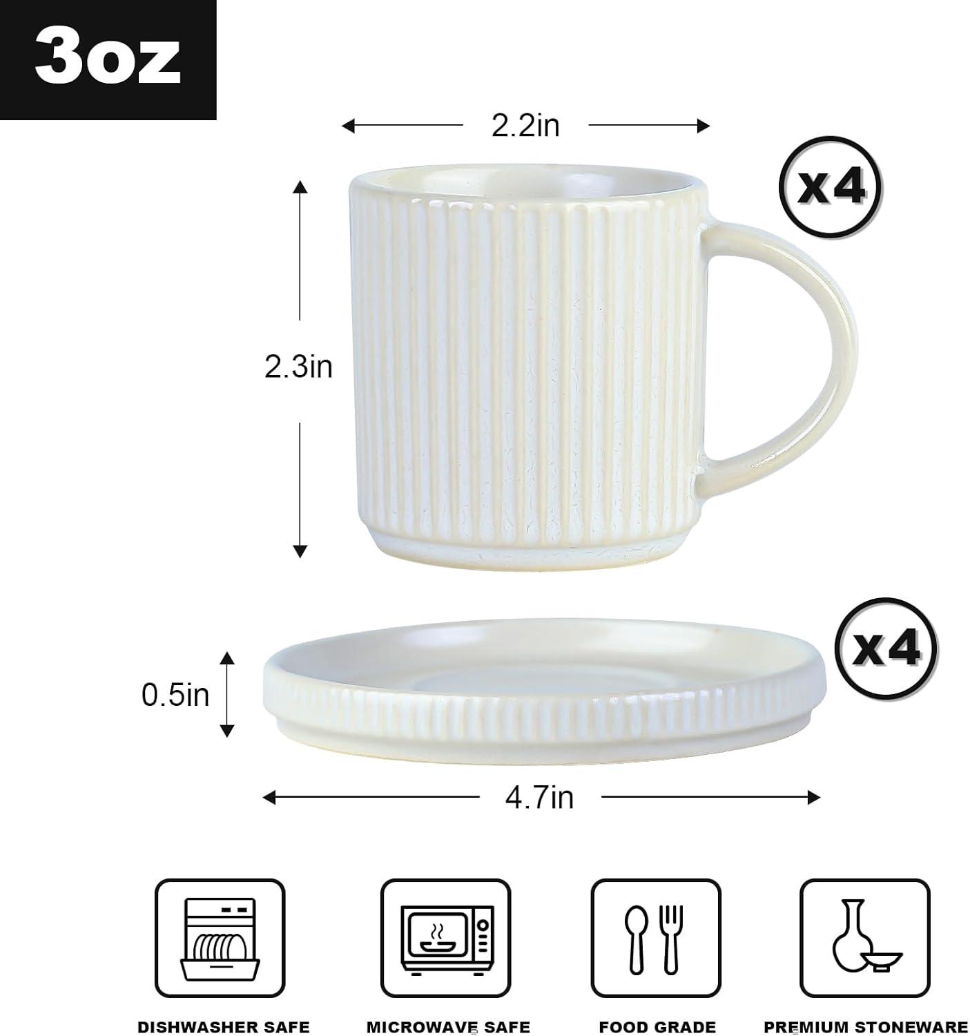 Espresso Cups and Saucers Set of 4, [ Mini ] 3 oz Ceramic Small Coffee Mug with Handle, Ribbed Stoneware Demitasse Cup for Tea, Latte - Microwave & Dishwasher Safe - Matte White