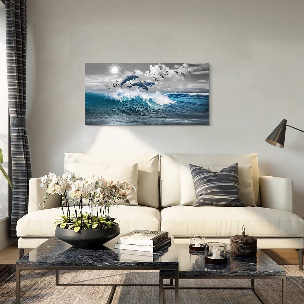 Chilfamy Wall Decorations For Living Room Canvas Wall Art For Bedroom Blue Waves Of The Sea Wall Pictures Artwork Office Canvas Art Print Dolphins Wall Paintings Ready To Hang Home Decor 20x16 Inch